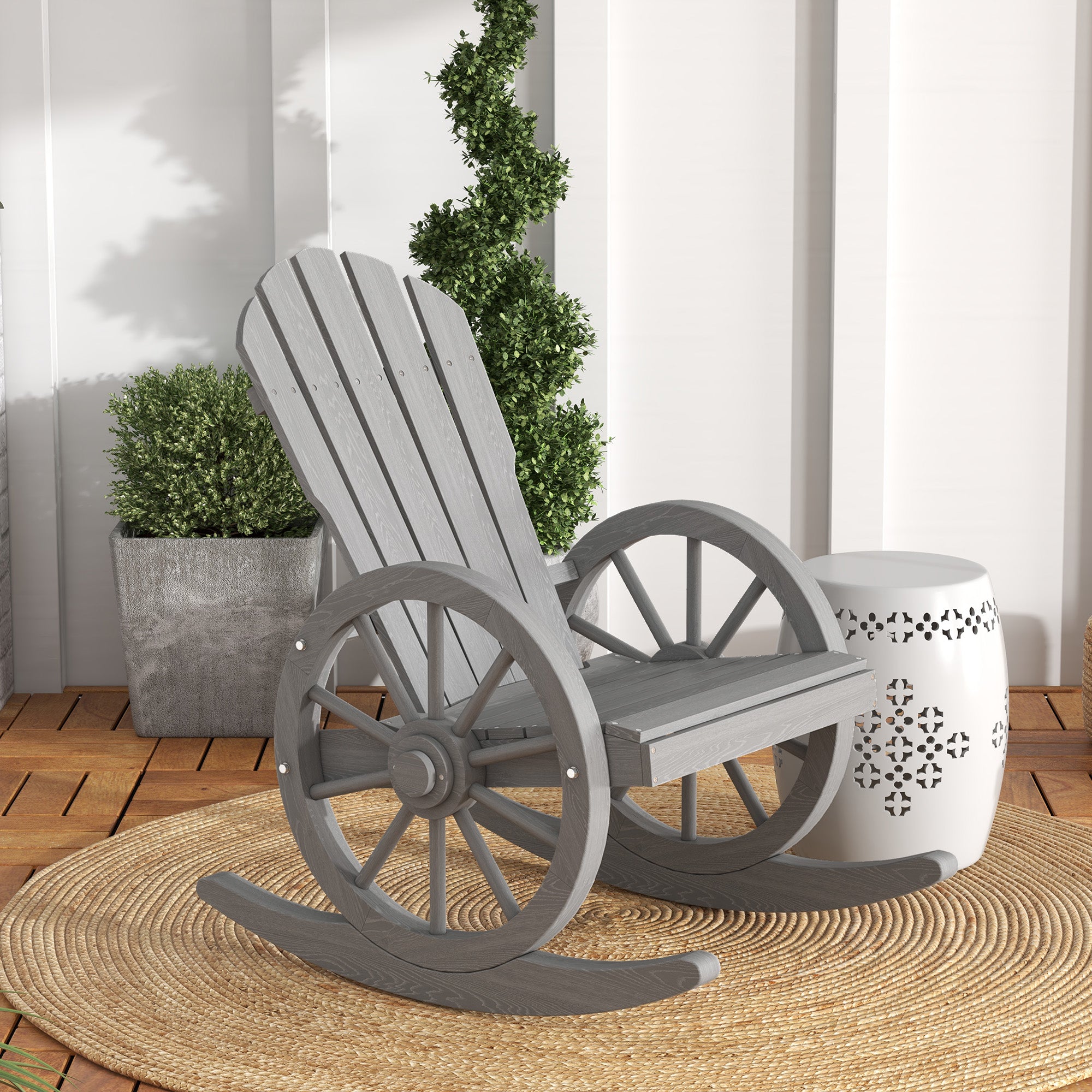 Outsunny Wooden Adirondack Rocking Chair Reclining Armchair Outdoor Garden Furniture Patio Porch Rocker - Grey - North Peak Garden Furniture