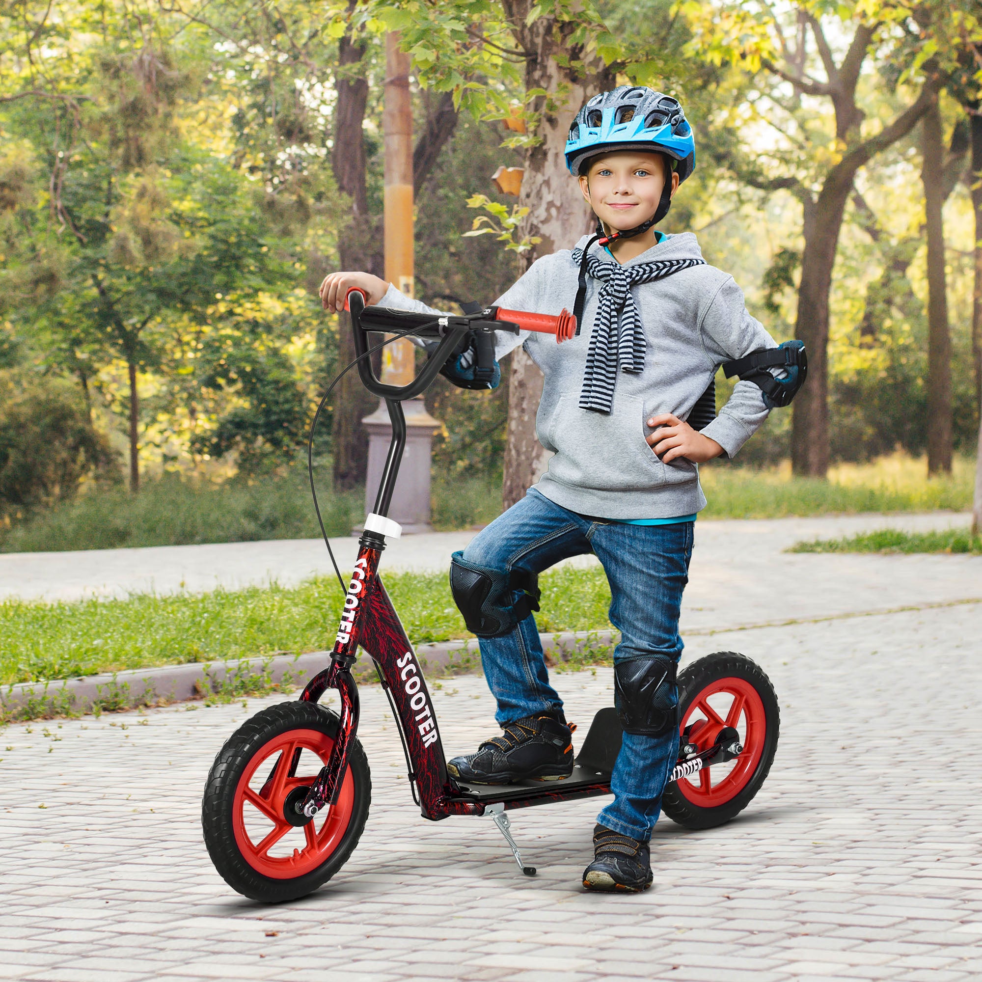 AIYAPLAY Kids Scooter with Adjustable Handlebar, Children's Kick Scooter with Non-slip Footplate, Rear Brake, Kickstand, Red - North Peak Garden Furniture