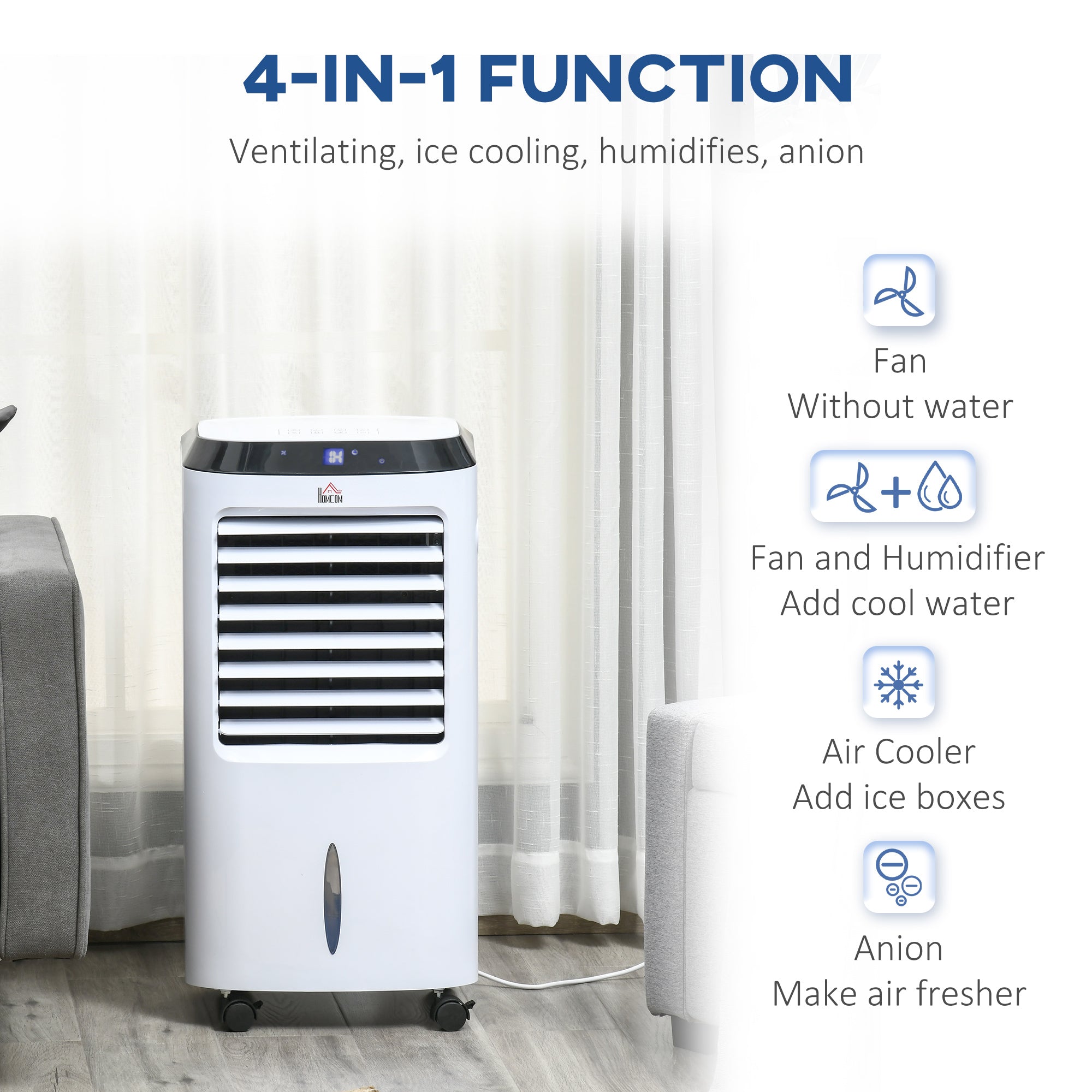 HOMCOM Portable Air Cooler, Evaporative Anion Ice Cooling Fan Water Conditioner Humidifier Unit with 10L Water Tank, 3 Modes, 3 Speed, Remote, Timer, Oscillating for Home Quiet Bedroom, White