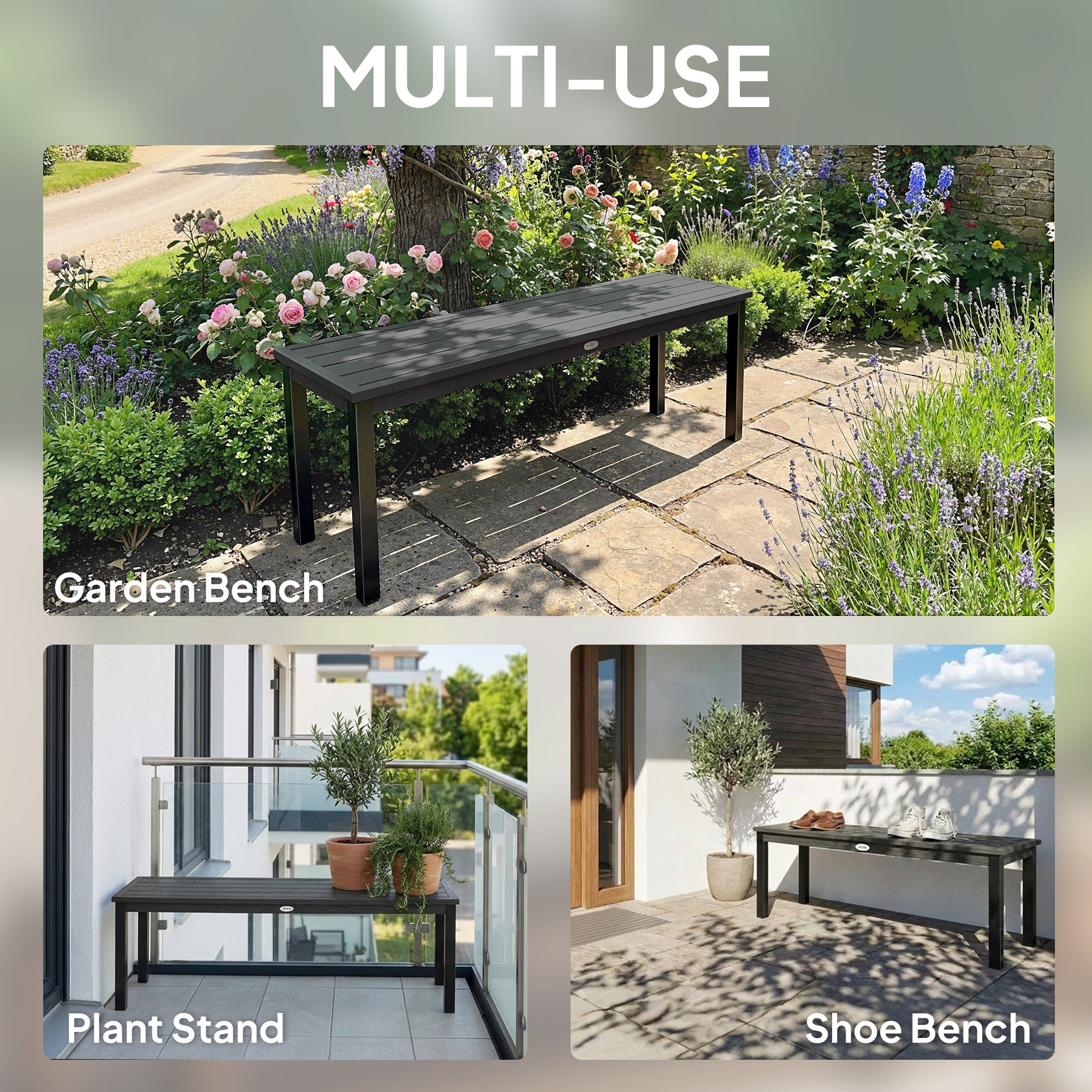 Outsunny 2 Seater Garden Bench, Outdoor Bench Loveseat with Wood-Effect Slatted Seat and Steel Frame for Patio, Park, Grey