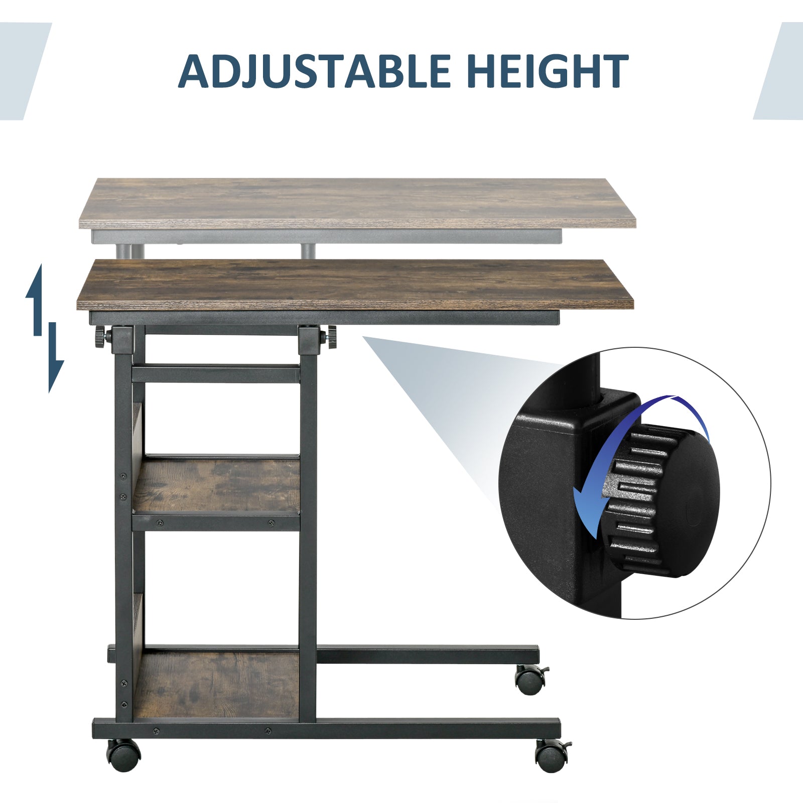 HOMCOM C-Shaped Side Table Industrial Mobile Rolling End Desk with 3-Tier Storage Shelving, Adjustable Height, Wheels - North Peak Garden Furniture