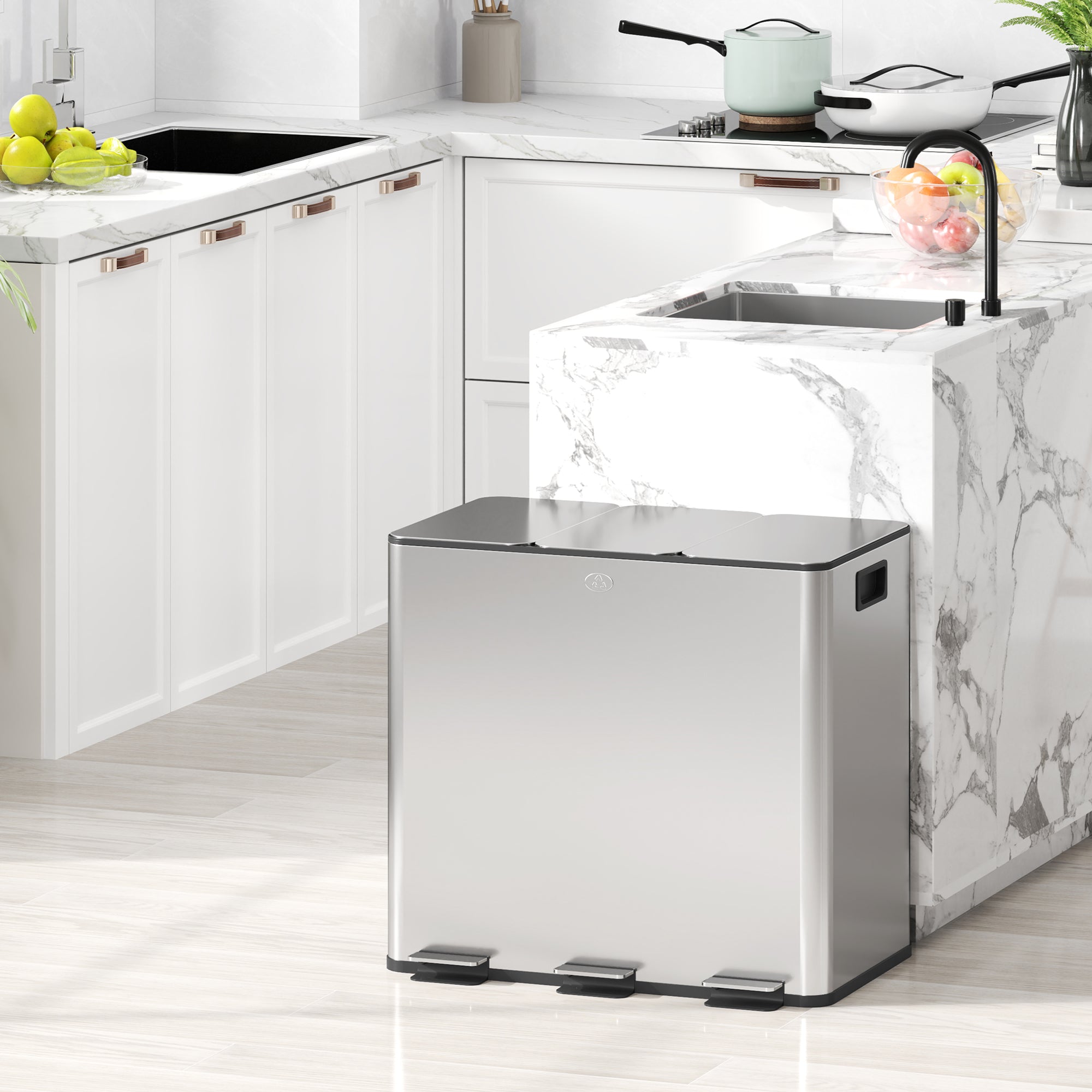 HOMCOM 3 x 15L Pedal Bin, Steel Triple Kitchen Bin with Soft Close Lid, Removable Inner Buckets, Fingerprint-Proof, Silver - North Peak Garden Furniture