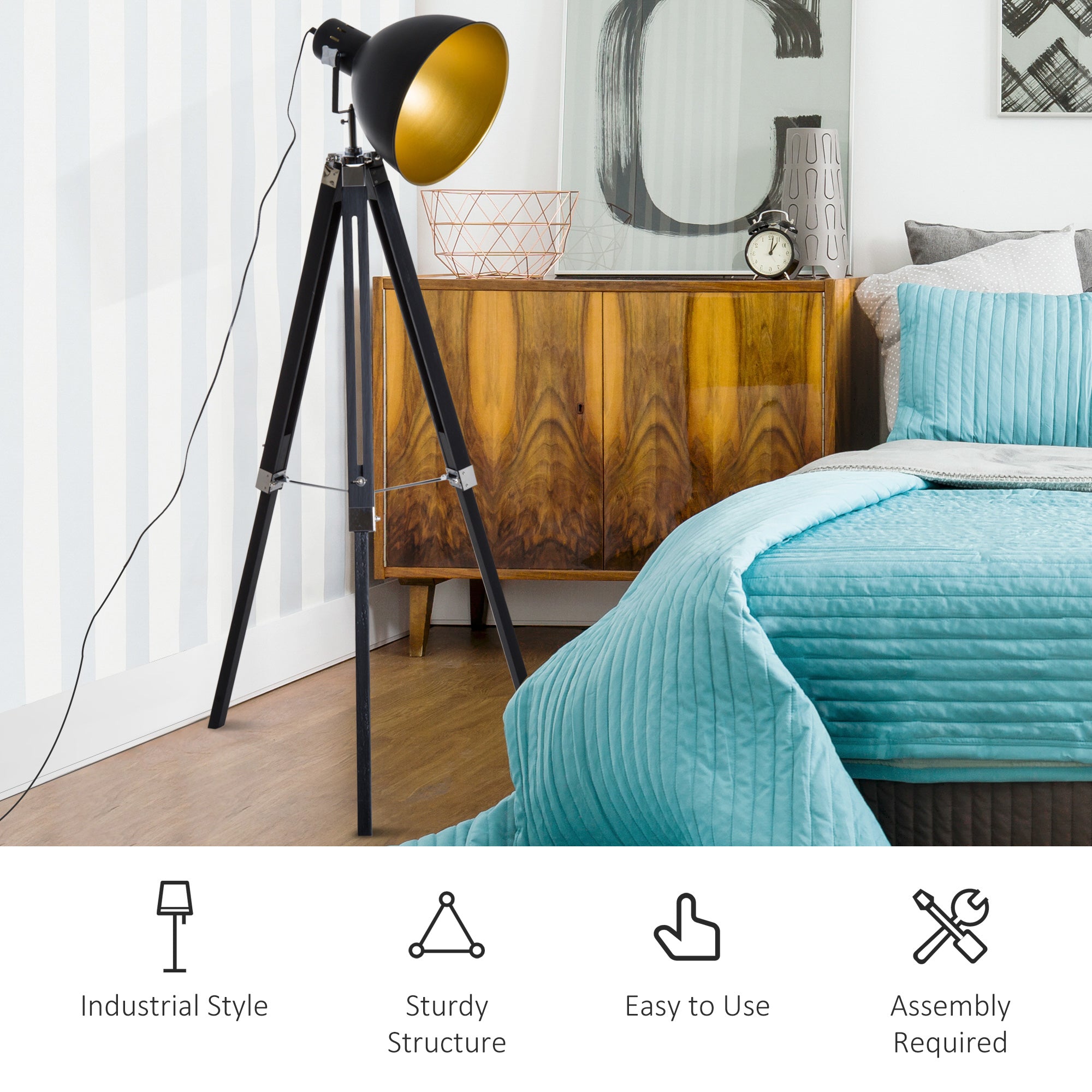 HOMCOM Tripod Floor Lamp, Spotlight Reading Lamp w/ Adjustable Height, Angle, Wood Legs for Living Room, Bedroom, Home, Office, Black and Gold - North Peak Garden Furniture