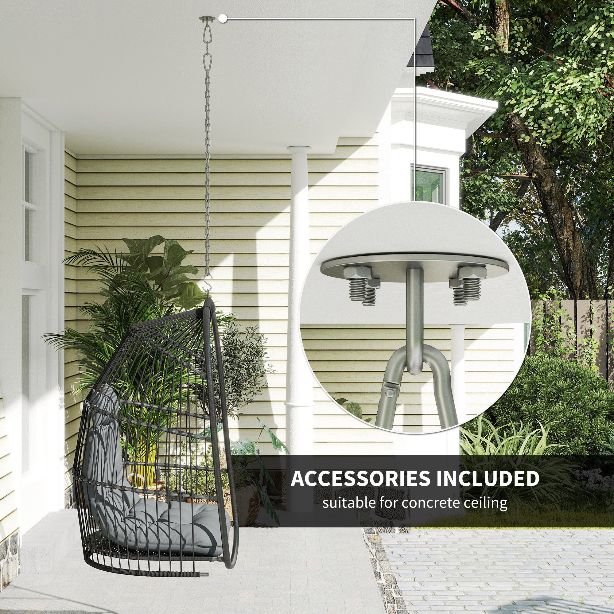 Outsunny Hanging Egg Chair, Foldable Rattan Garden Swing Chair with Installation Kit, Thickened Cushion and Headrest, Indoor Outdoor Hanging Egg Basket Seat for Patio, Porch, Dark Grey - North Peak Garden Furniture