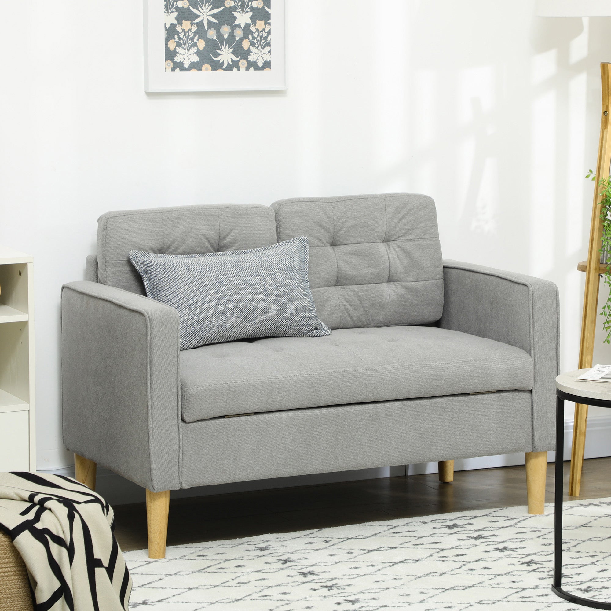 HOMCOM Modern 2 Seater Sofa with Hidden Storage, 117cm Tufted Cotton Couch with Wood Legs, Compact Loveseat for Living Room, Kitchen, Light Grey - North Peak Garden Furniture
