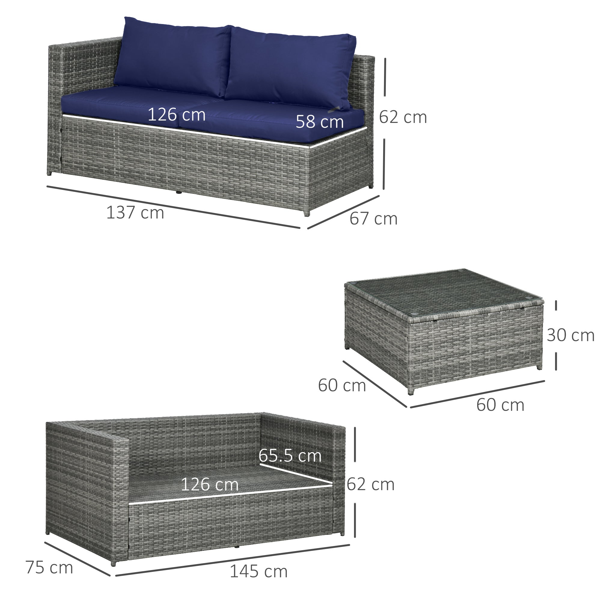 Outsunny 3 Pieces PE Rattan Garden Furniture Set with 10 cm Thick Cushions, 4 Seater Garden Corner Sofa Set with Glass Top Coffee Table, Outdoor Furniture for Patio, Porch, Blue - North Peak Garden Furniture