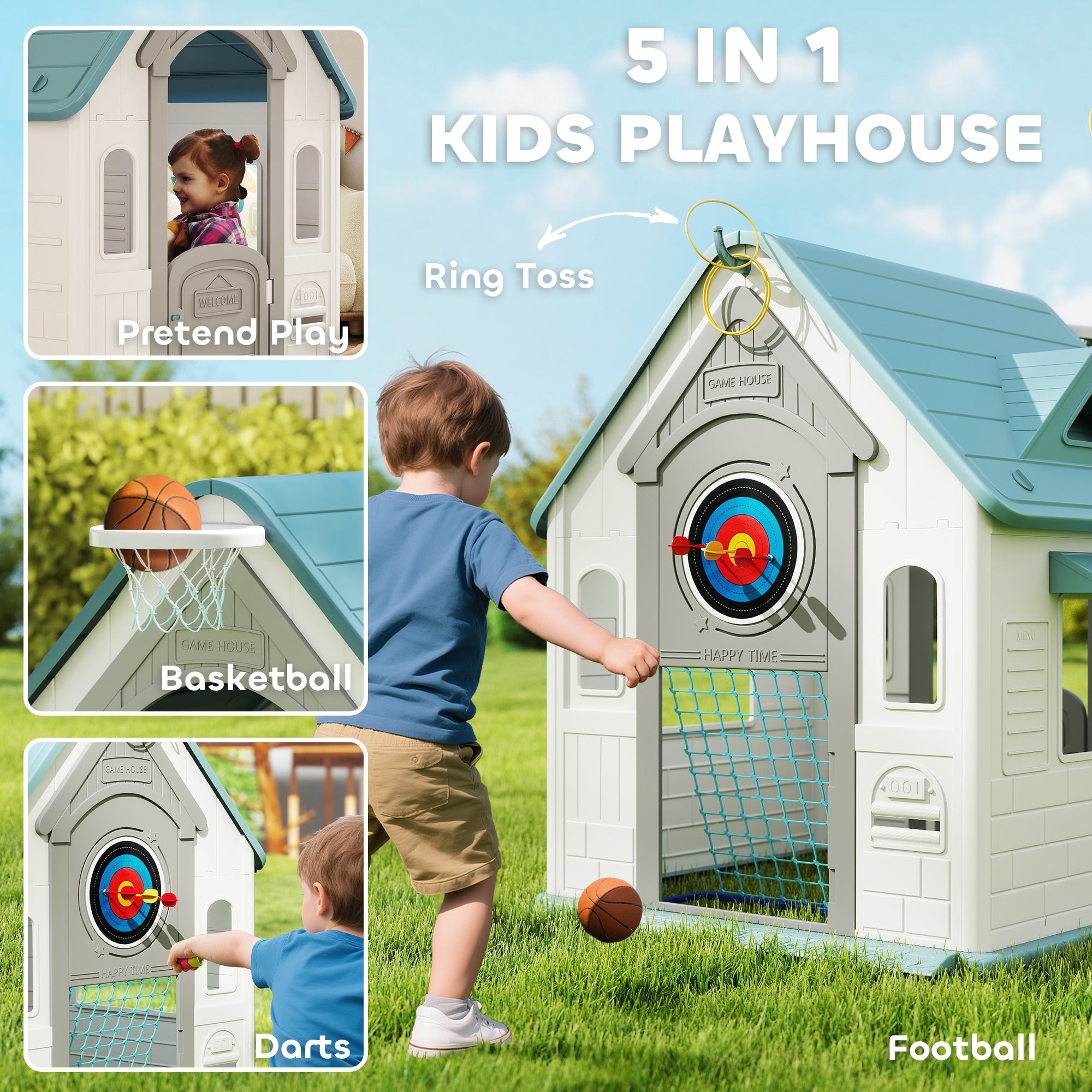 AIYAPLAY 5-in-1 Playhouse for Kids Outdoor Indoor with Basketball Hoop, Football Goal, Dartboard, Ring Toss for 2-5 Years, Beige