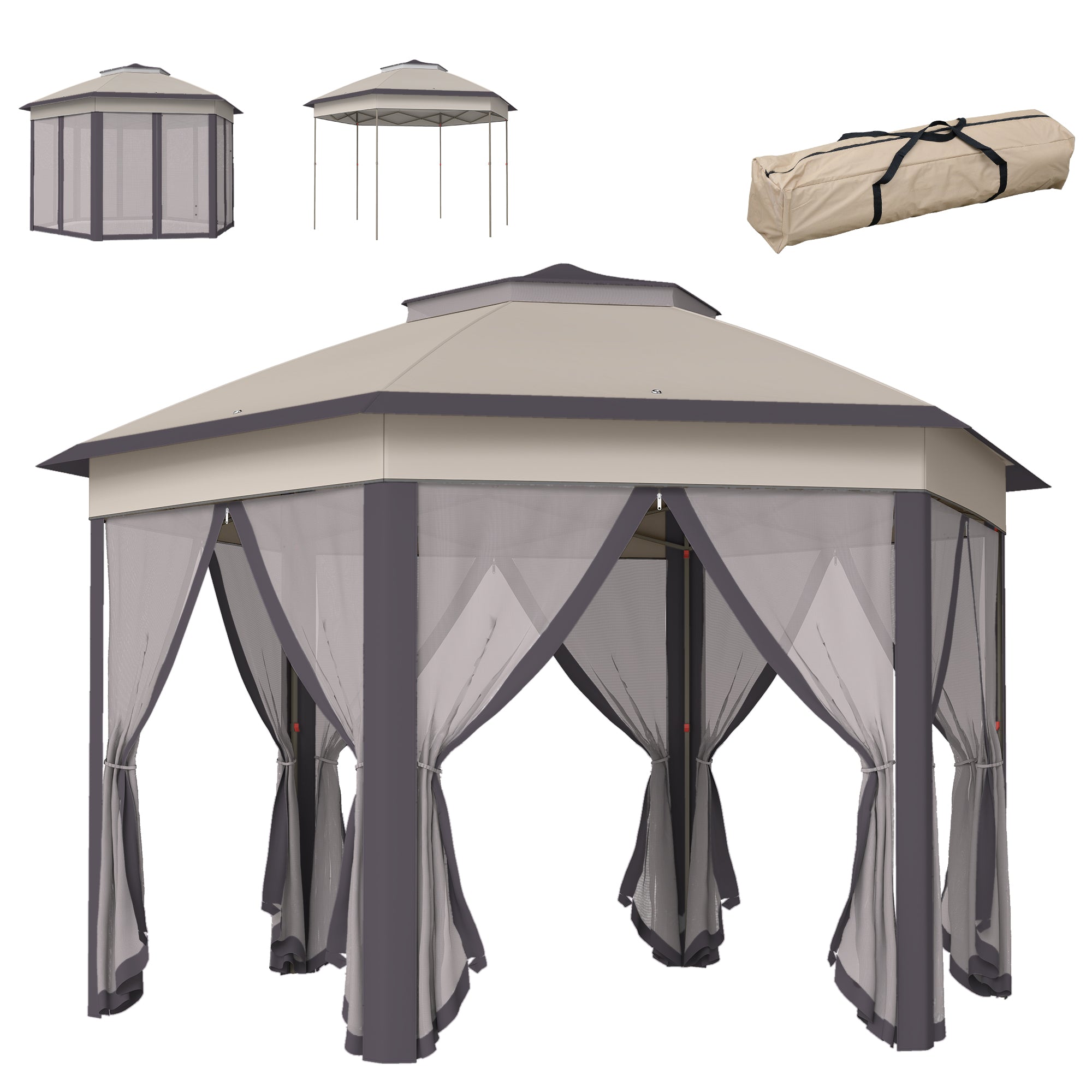 Outsunny Hexagon Garden Gazebo Pop Up Gazebo Outdoor Patio Double Roof Instant Shelter with Netting, 3 x 4m, Beige