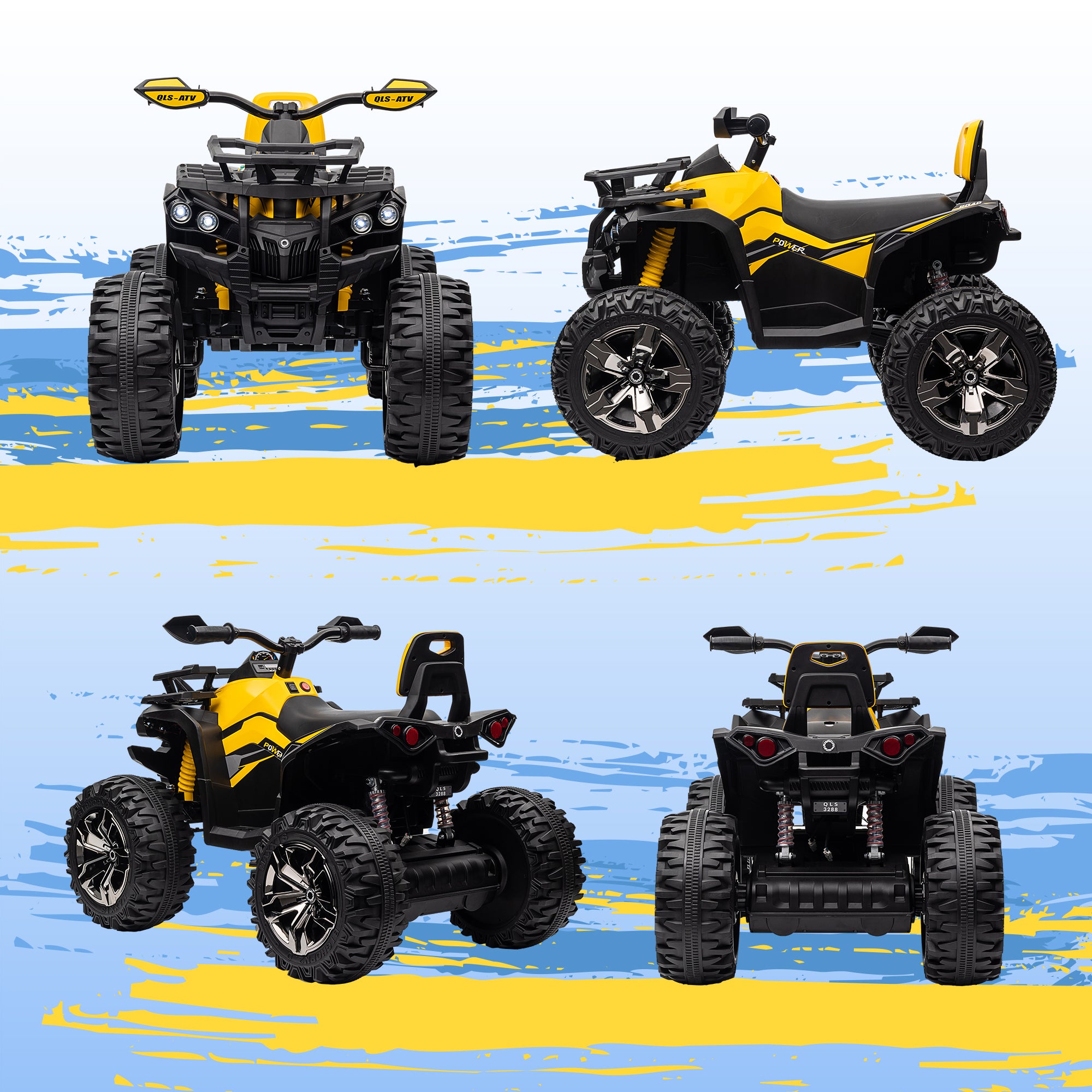 HOMCOM 12V Quad Bike ATV with LED Lights, Music, Backrest, Forward, Backward, Yellow - North Peak Garden Furniture