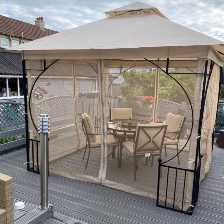 Outsunny 3 x 3(m) Garden Gazebo Patio Party Tent Shelter Outdoor Canopy Double Tier Sun Shade Metal Frame Netting Beige