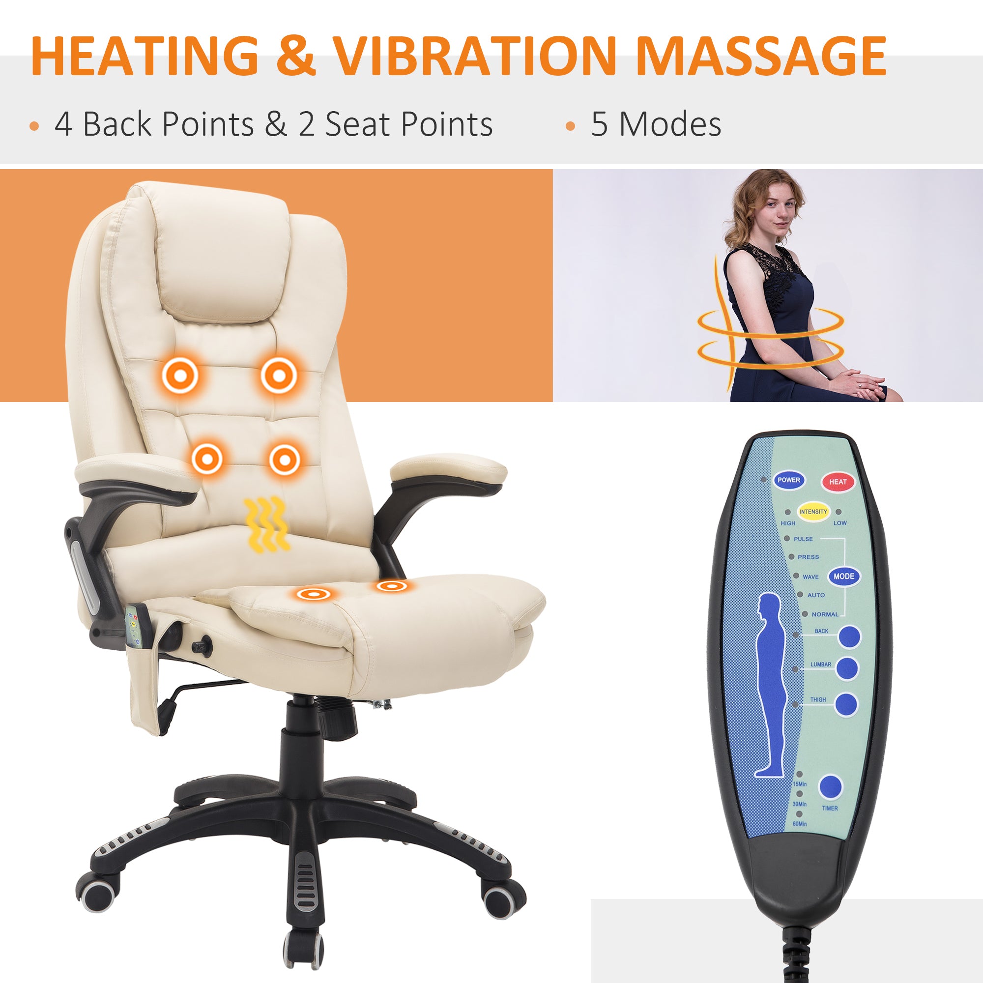 HOMCOM Heated Massage Office Chair, PU Leather Executive Office Chair with High Back, Tilt and Reclining Function, Beige - North Peak Garden Furniture