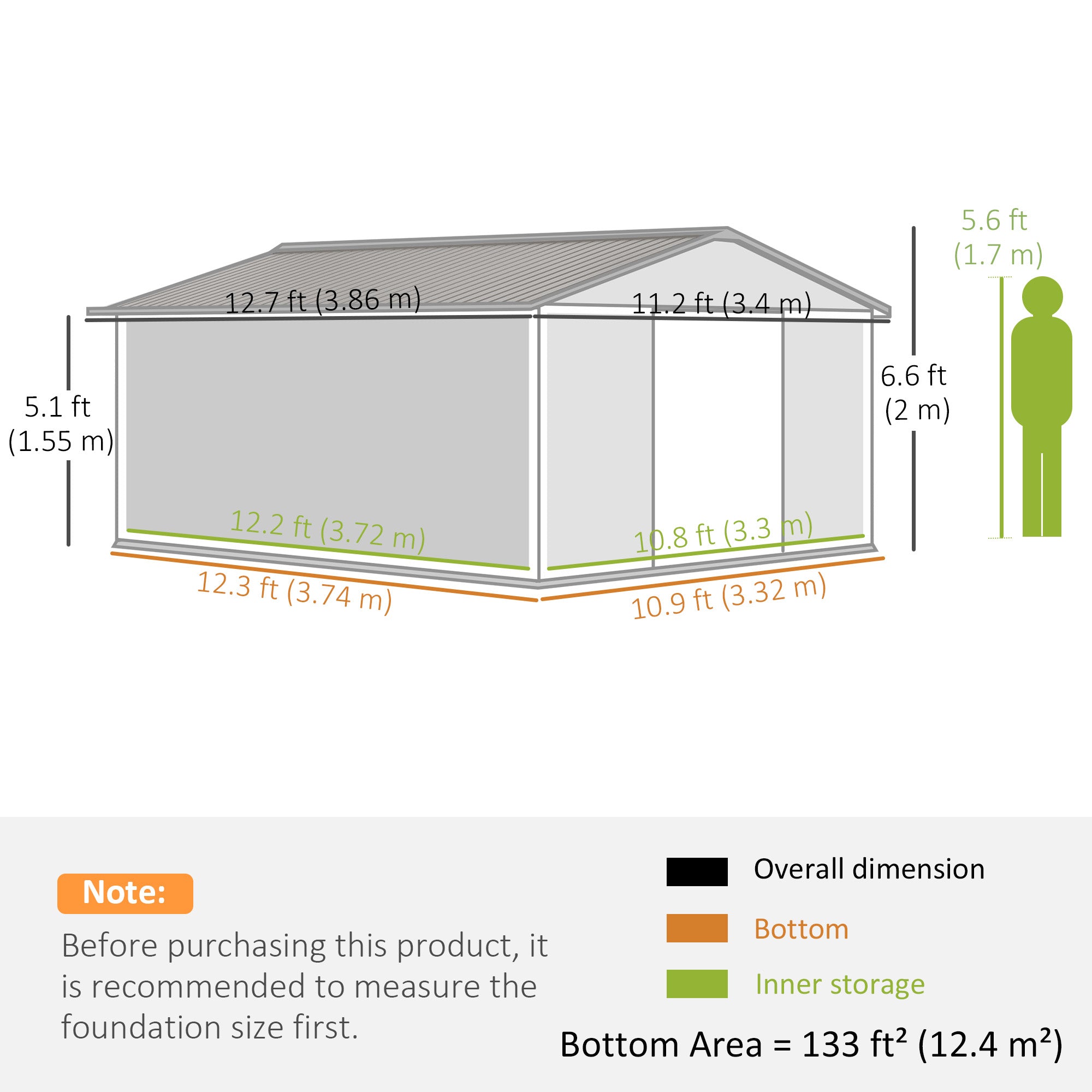 Outsunny 13 x 11ft Foundation Ventilation Steel Outdoor Garden Shed Grey