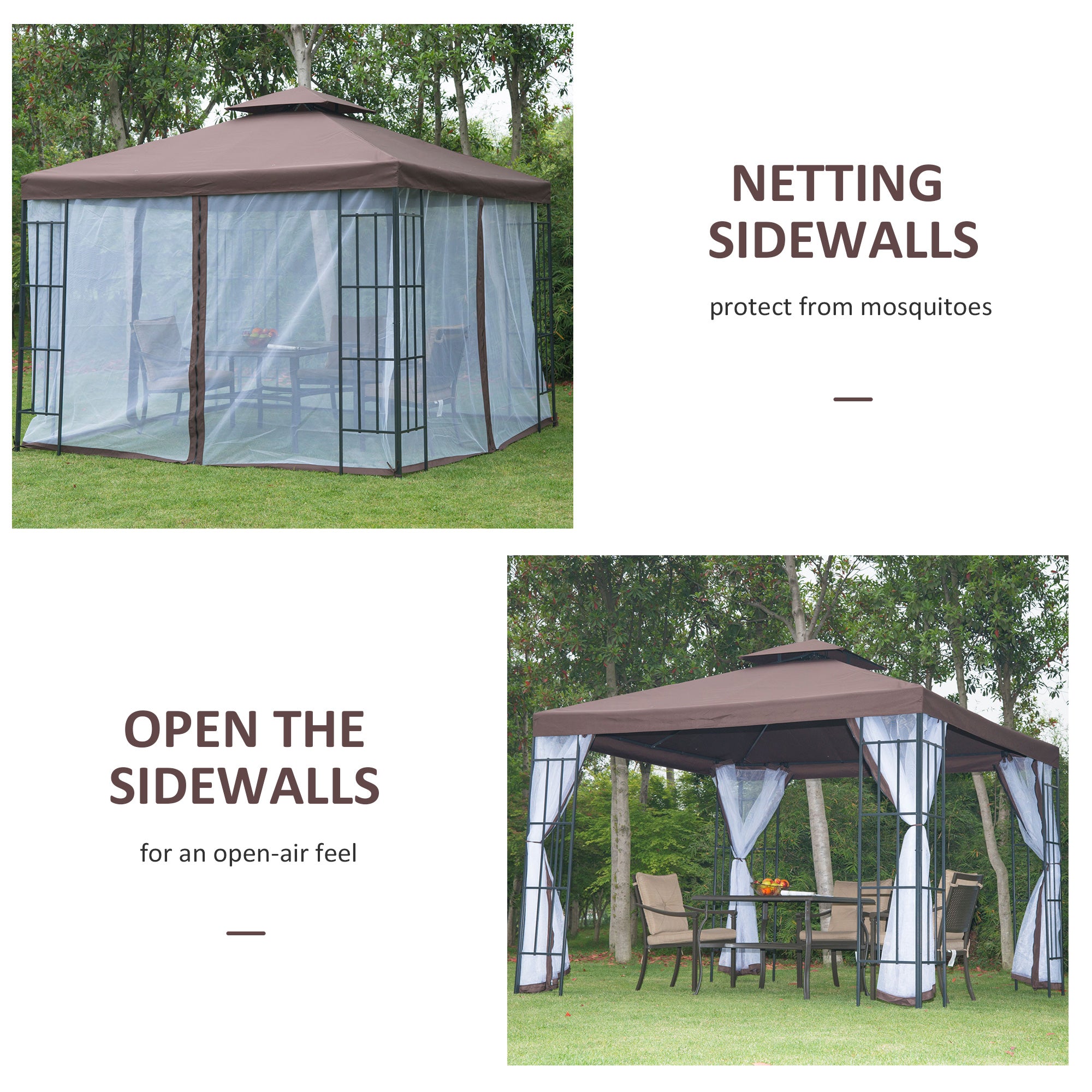 Outsunny 3 x 3(m) Patio Gazebo Canopy Garden Pavilion Tent Shelter with 2 Tier Roof and Mosquito Netting, Steel Frame, Coffee