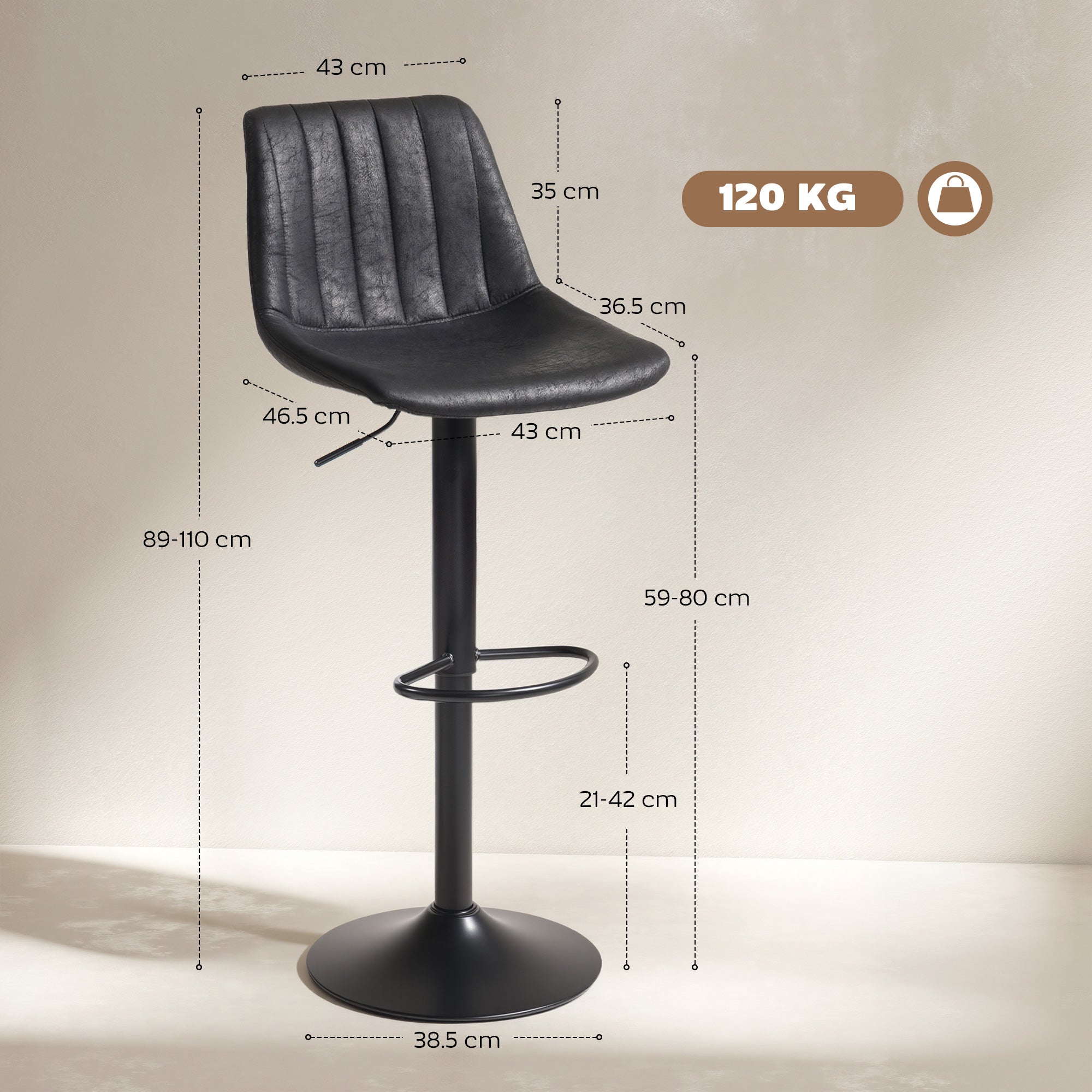 HOMCOM Set of 2 Leathaire Tub Bar Stools - Black