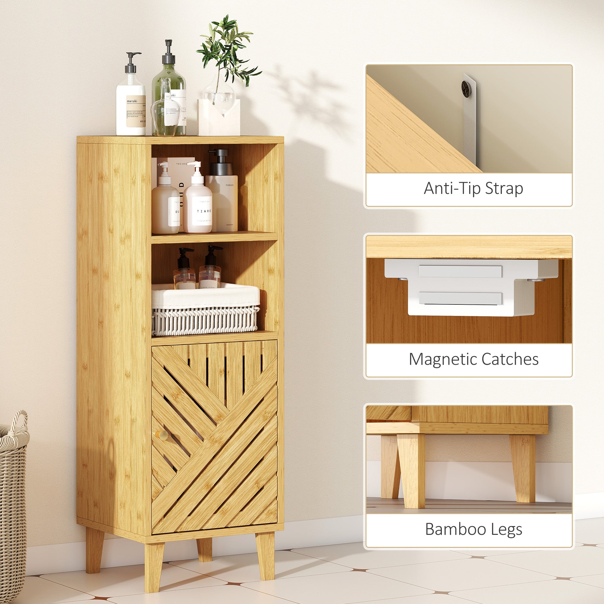 HOMCOM Slim Bathroom Cabinet with Bamboo Door and Legs, Narrow Bathroom Storage Cabinet, Freestanding Storage Cupboard with Open Compartments, 32 x 30 x 90 cm, Natural Wood Finish