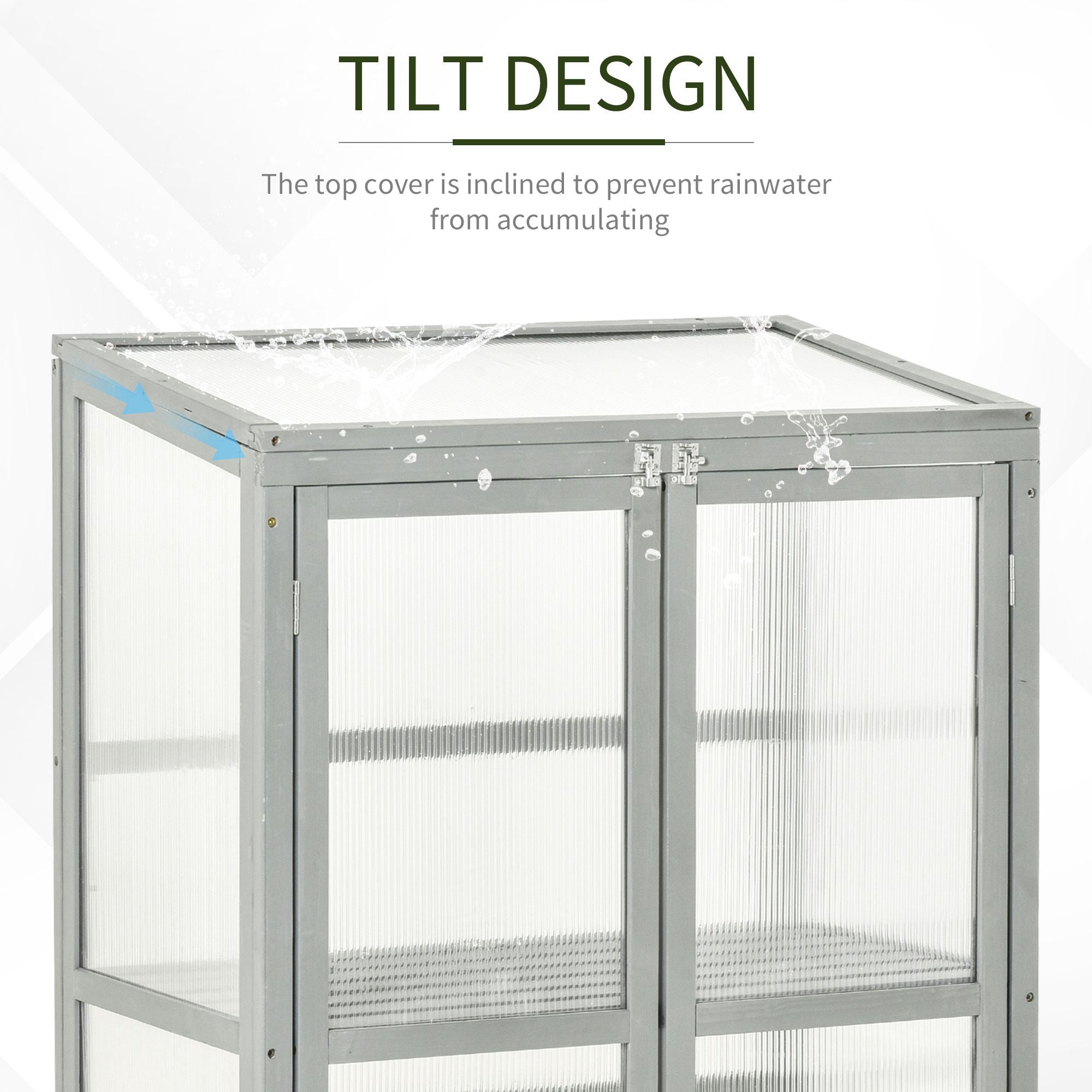 Outsunny Wooden Cold Frame Greenhouse Polycarbonate Garden Grow House for Flower Vegetable Plants with Adjustable Shelf, Double Doors, 76 x 47 x 110cm, Light Grey - North Peak Garden Furniture