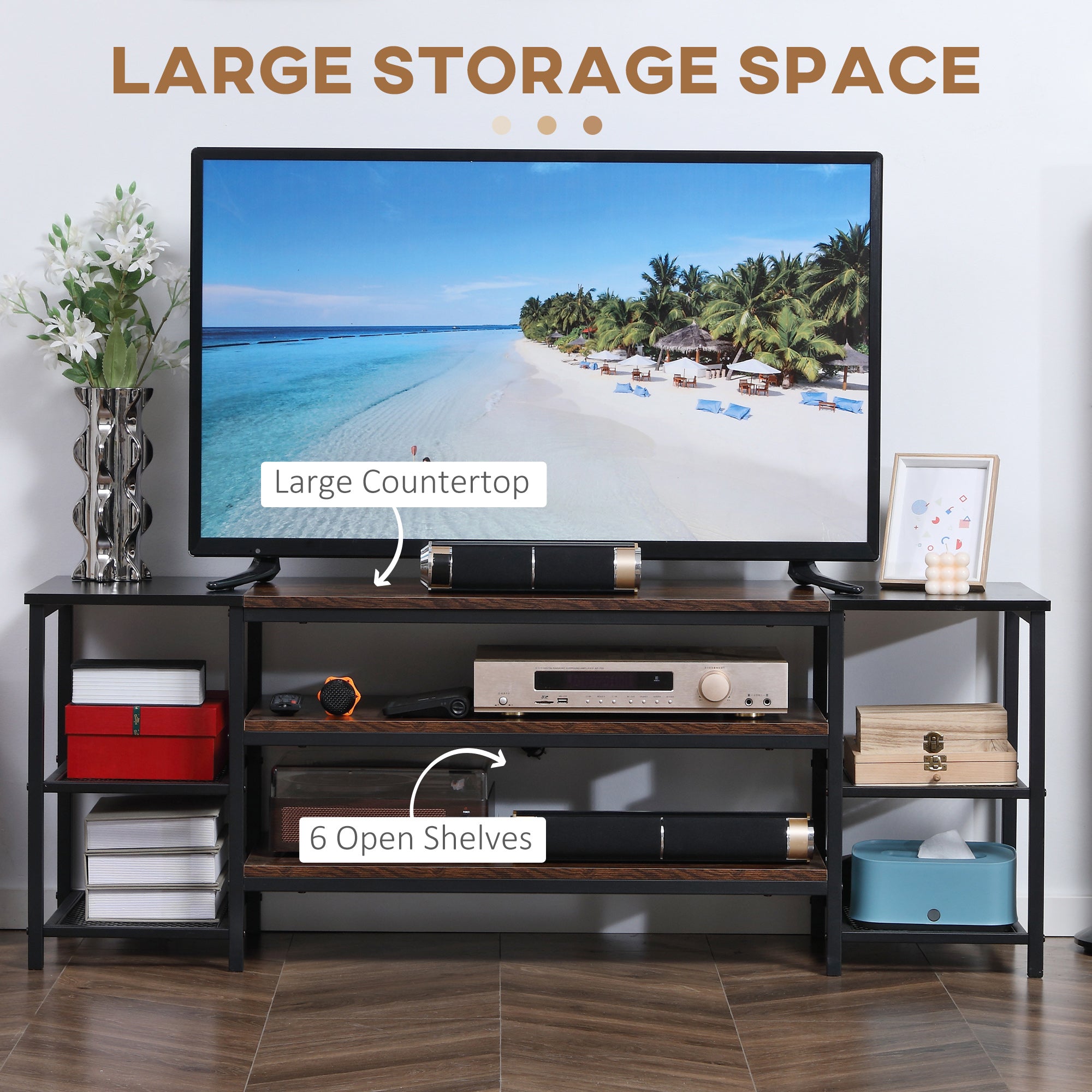 HOMCOM TV Unit Cabinet for TVs up to 60 Inches, Industrial TV Stand with Storage Shelves for Living Room, Brown and Black - North Peak Garden Furniture