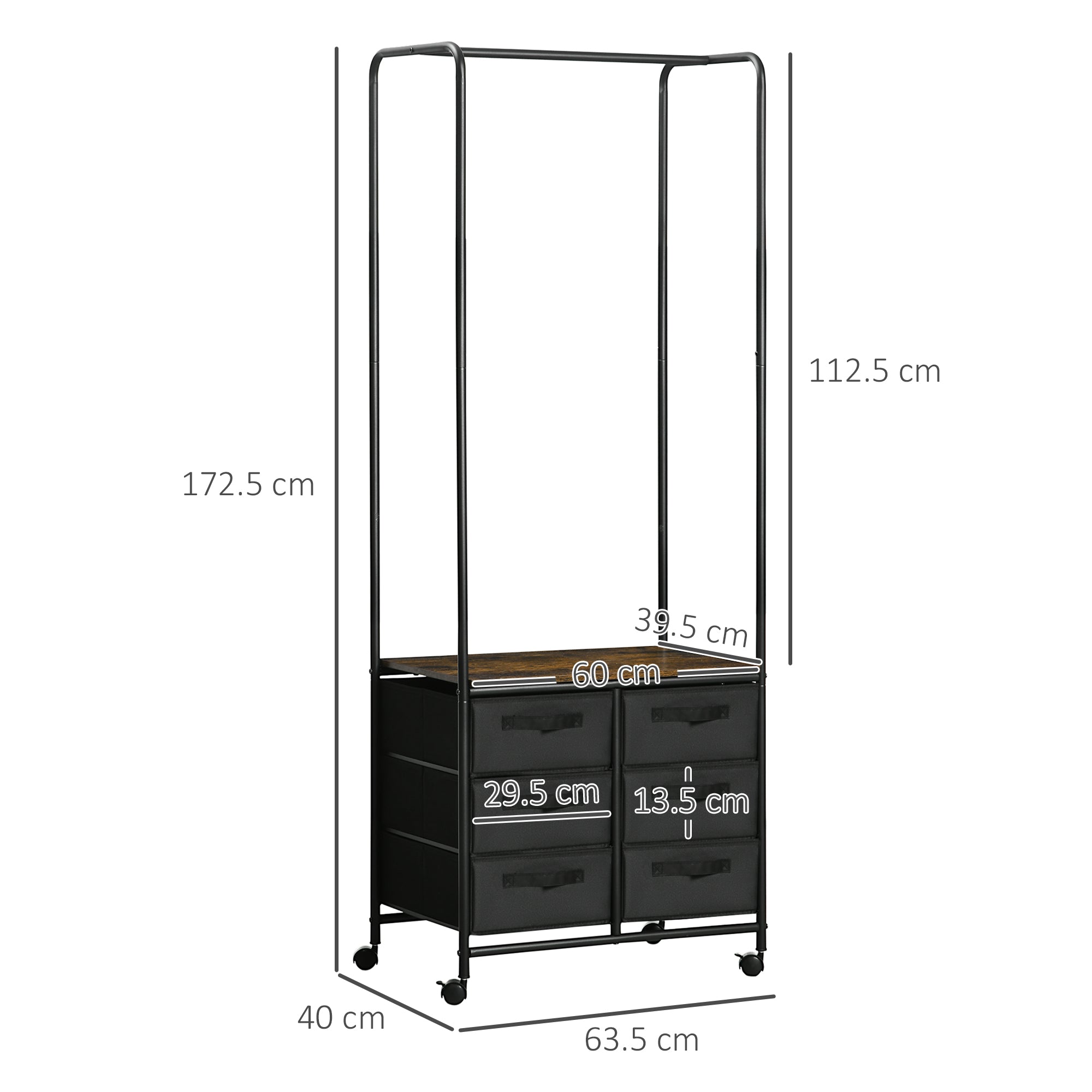 HOMCOM Industrial Hanging Clothes Rail, Clothes Rack with 6 Fabric Drawers, Open Wardrobe Organiser for Hallway, Bedroom and Closet, Rustic Brown - North Peak Garden Furniture
