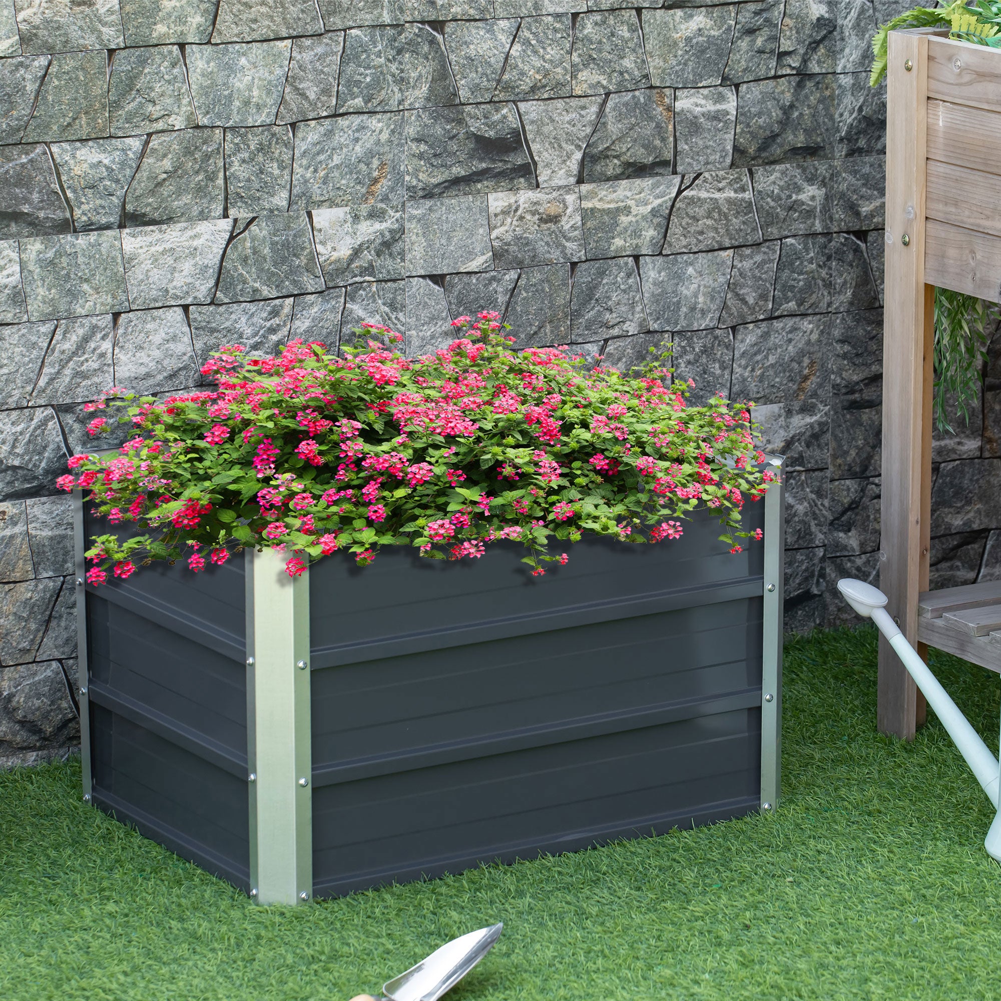 Outsunny 108L Raised Garden Bed, Galvanized Steel Elevated Planter Box w/ Installation Gloves for Backyard, Patio to Grow Vegetables, Herbs, and Flowers, 66 x 47 x 40cm, Grey - North Peak Garden Furniture