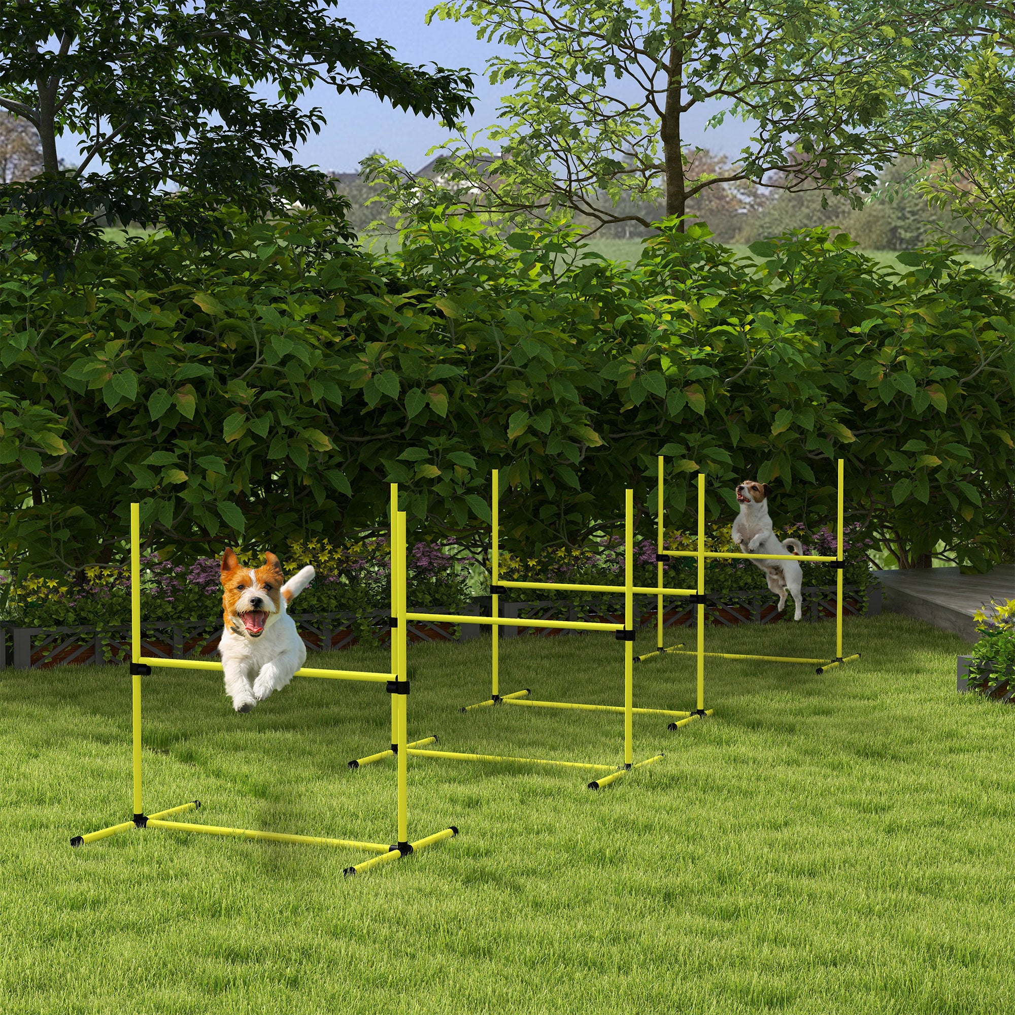 PawHut 4 Pieces Dog Agility Training Equipment, Adjustable Height Jumps Hurdle with Carrying Bag for Outdoor, Yellow - North Peak Garden Furniture