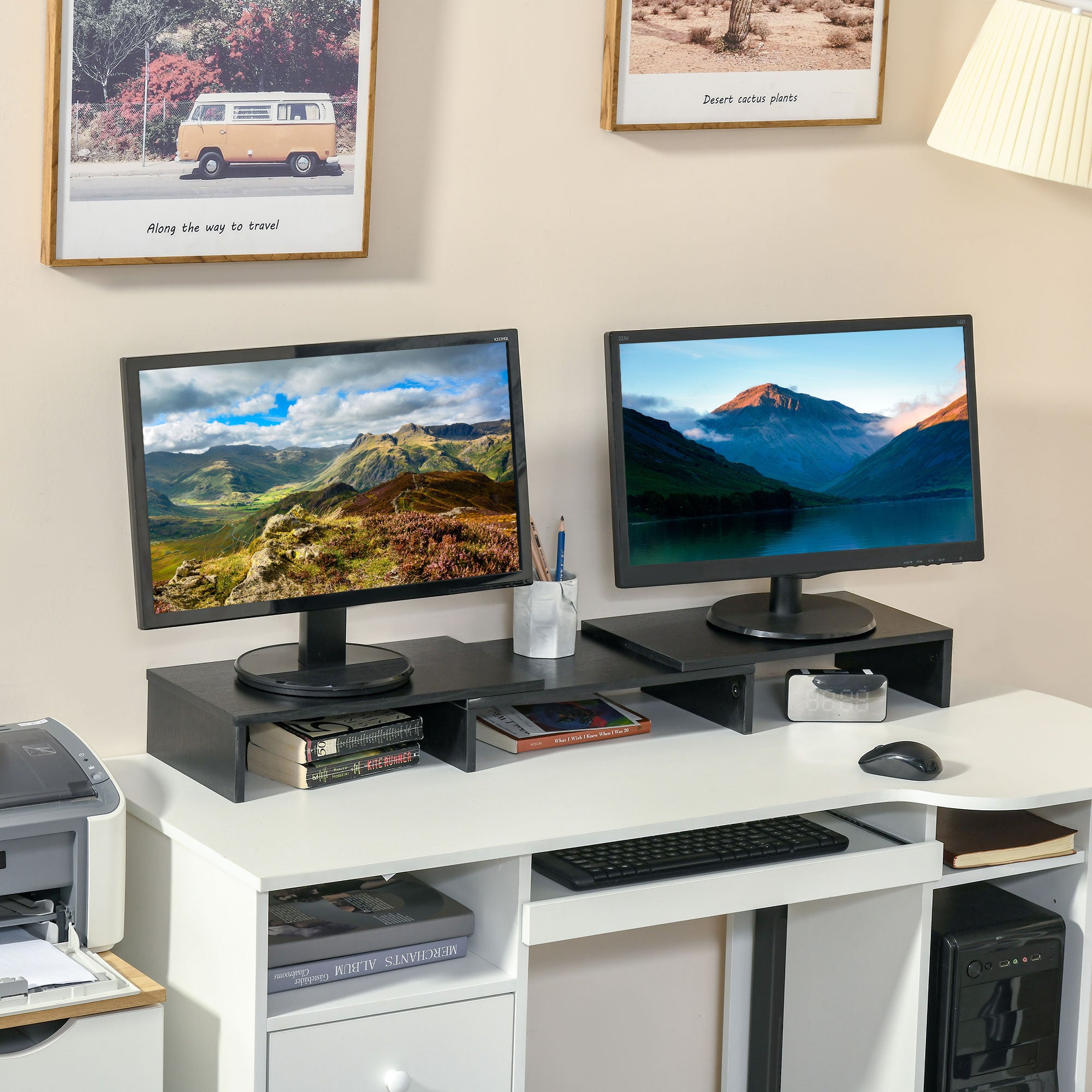 Vinsetto Dual Monitor Stand Riser with Adjustable Length and Angle, Screen Riser for Laptop, Computer, PC, Printer, TV, Black - North Peak Garden Furniture