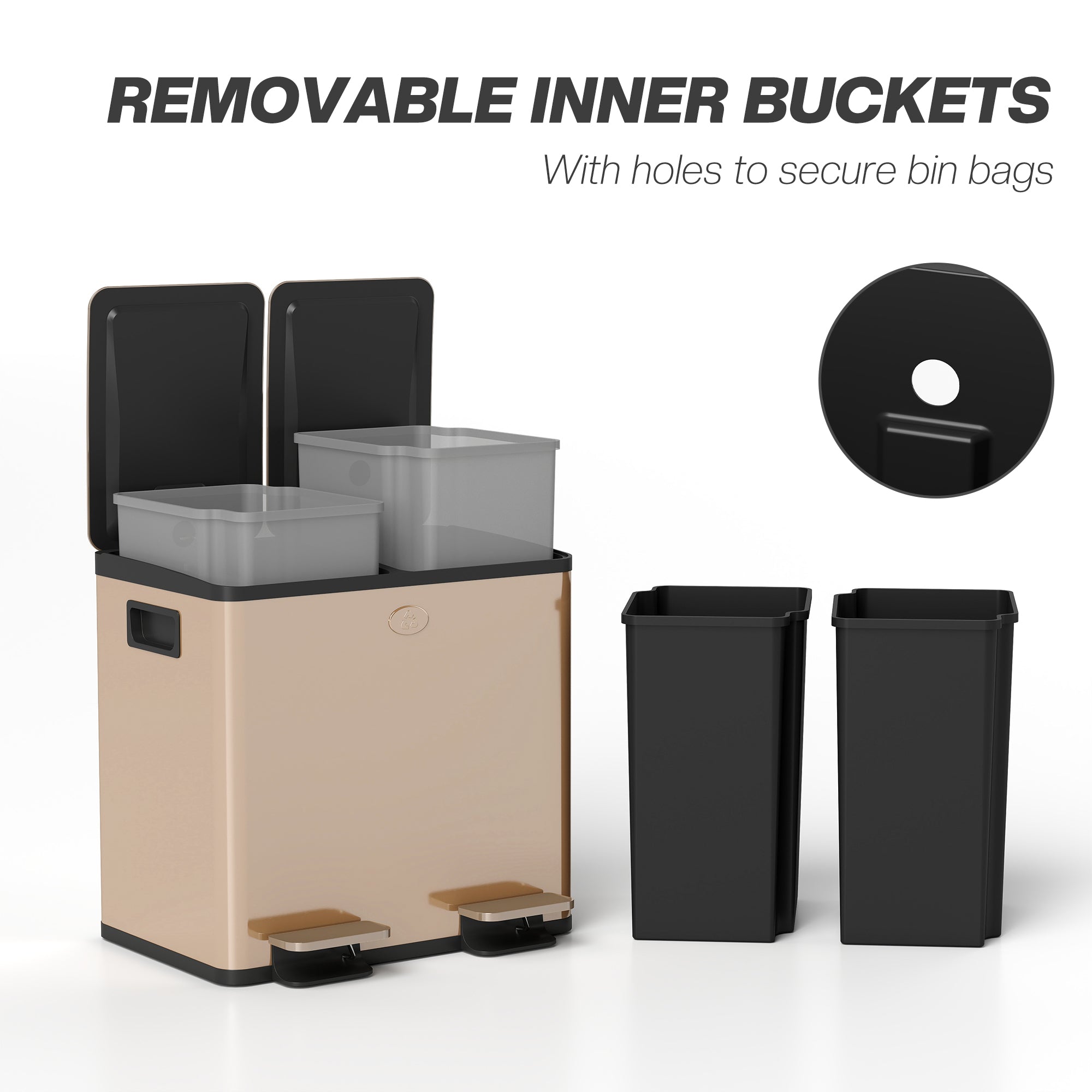 HOMCOM 30L Dual Compartment Stainless Steel Bin, with Deodoriser Holders - Gold Tone