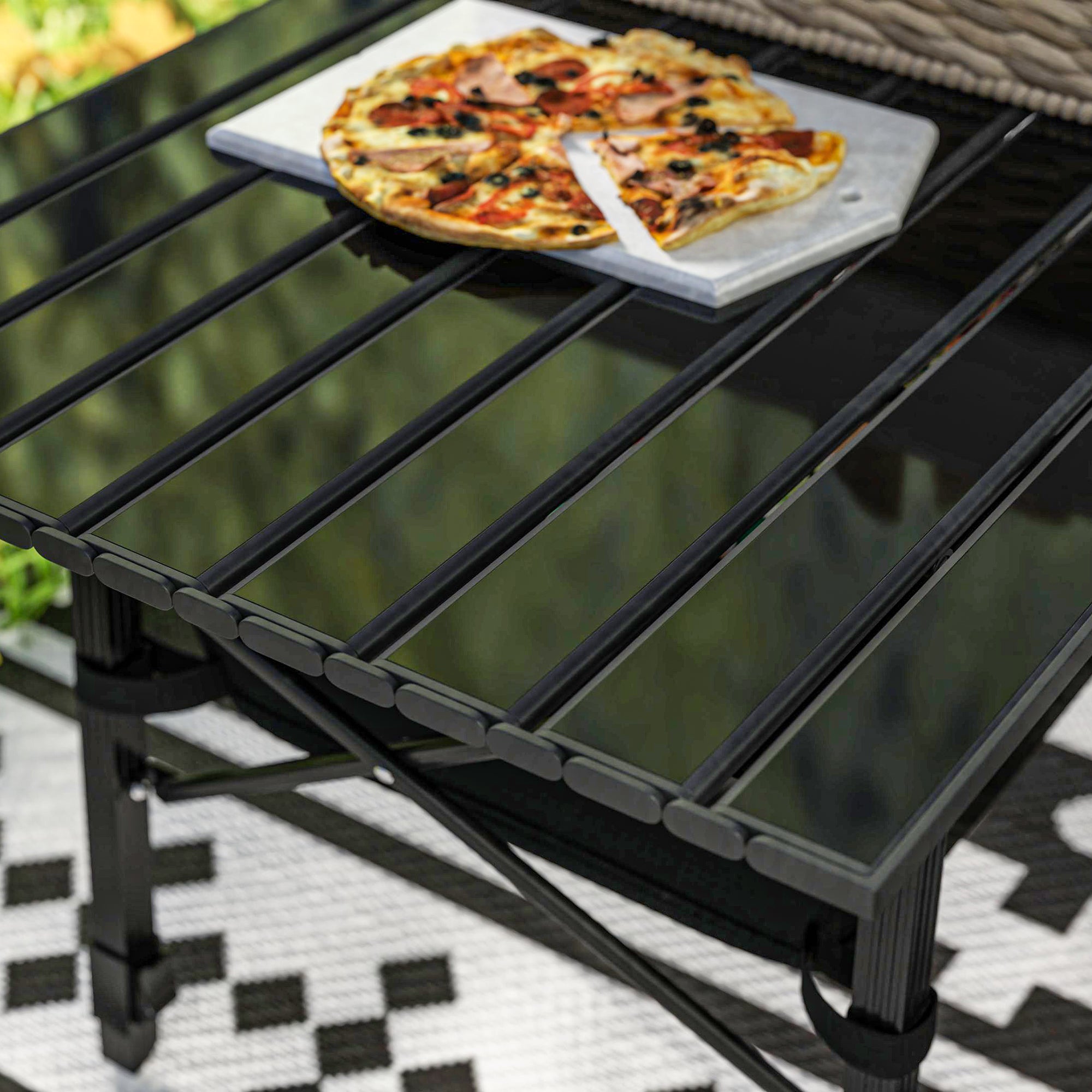 Outsunny Folding Camping Table, 90 x 55 cm Height Adjustable Portable Collapsible Table, 3ft Lightweight Aluminium Rollup Picnic Table with Storage Basket for Outdoor Garden Party BBQ, Black - North Peak Garden Furniture