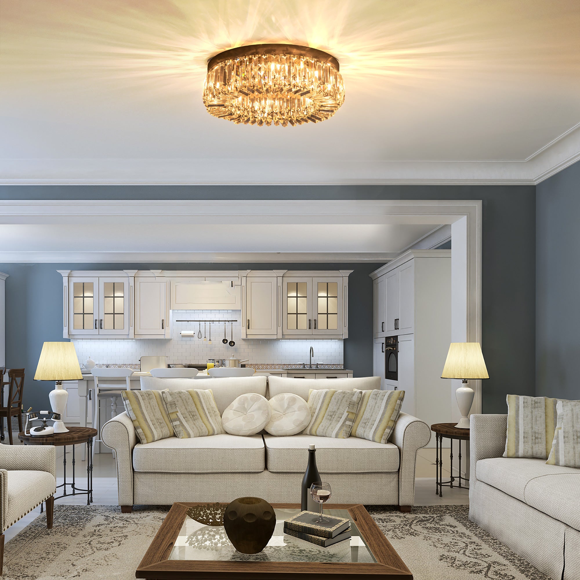 HOMCOM Crystal Ceiling Light Modern Chandeliers Stainless Steel Pendant Lights with Crystal Decorations for Living Room Bedroom Dining Room Hall Silver - North Peak Garden Furniture