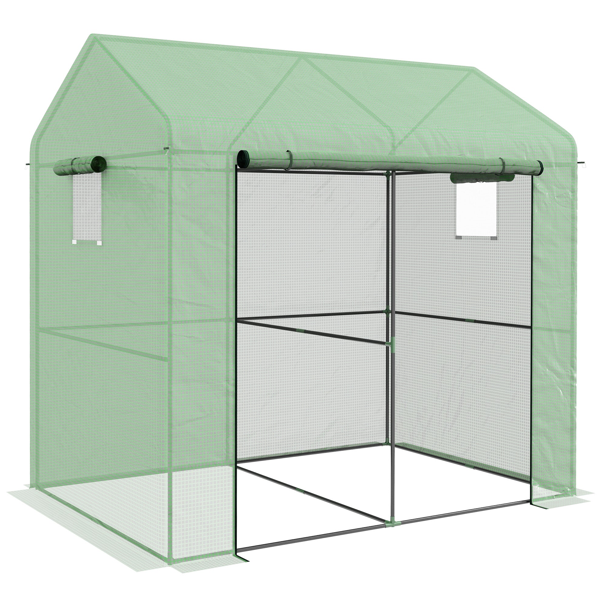 Outsunny Greenhouse, Walk-in Garden Grow House with Roll-up Door and Mesh Windows, 200 x 140 x 200cm, Green - North Peak Garden Furniture