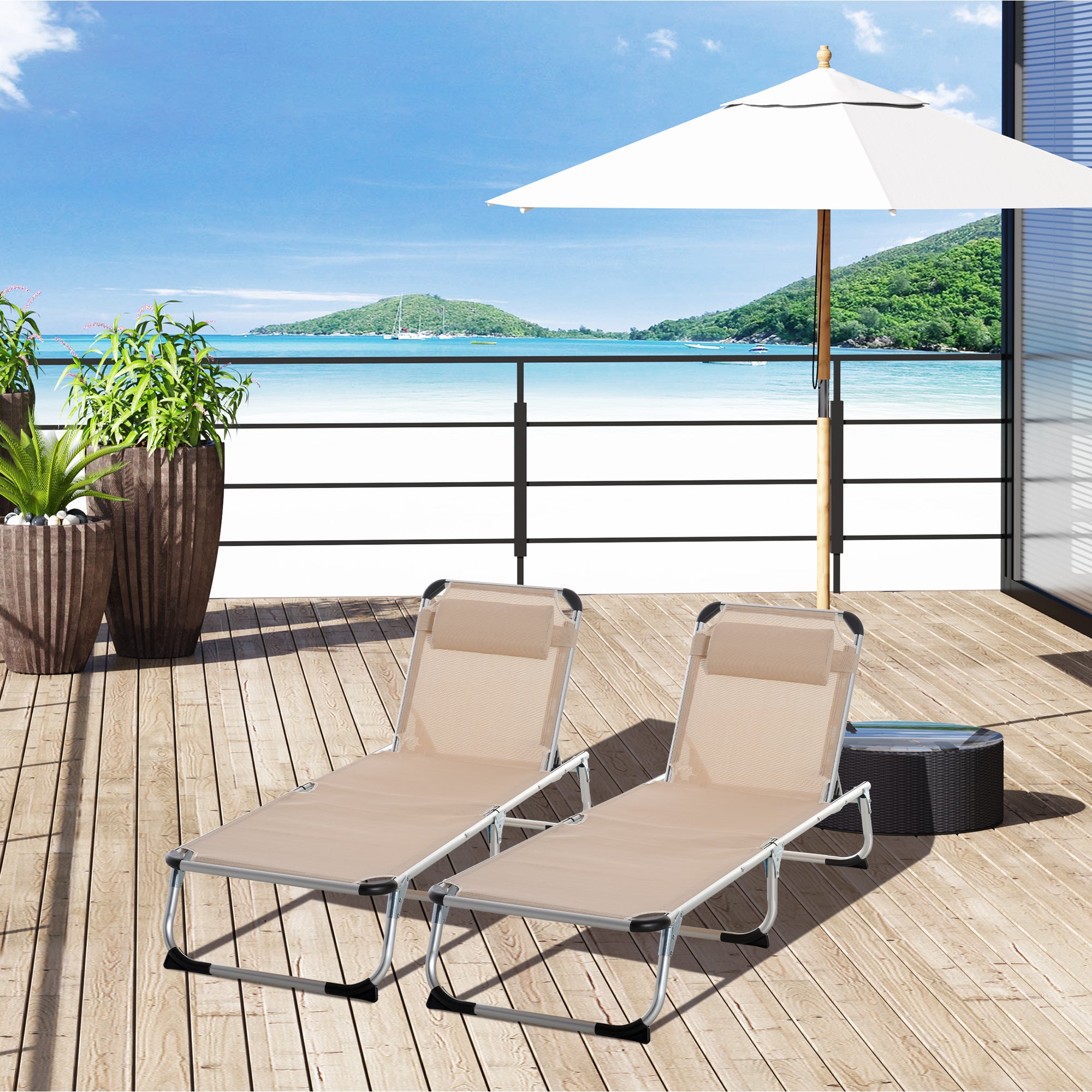 Outsunny 2 Pieces Foldable Outdoor Sun Lounger with Pillow, 5-Level Adjustable Reclining Lounge Chair, Aluminium Frame Camping Bed Cot, Khaki - North Peak Garden Furniture