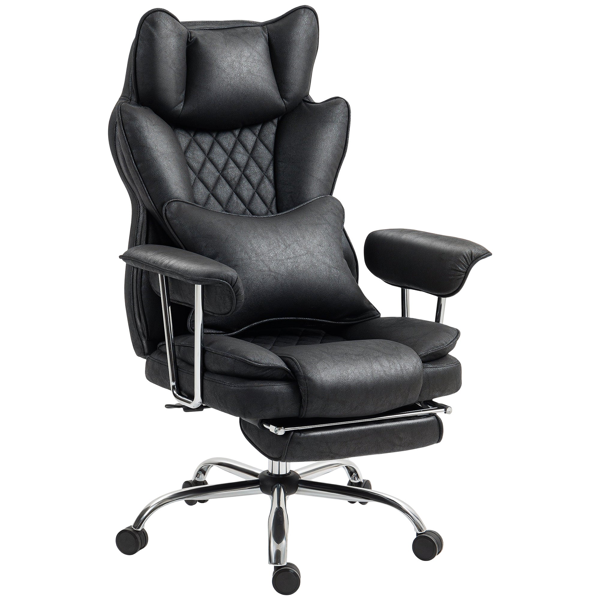 HOMCOM Leathaire Reclining Office Chair with Lumbar Support Pillow - Black - North Peak Garden Furniture