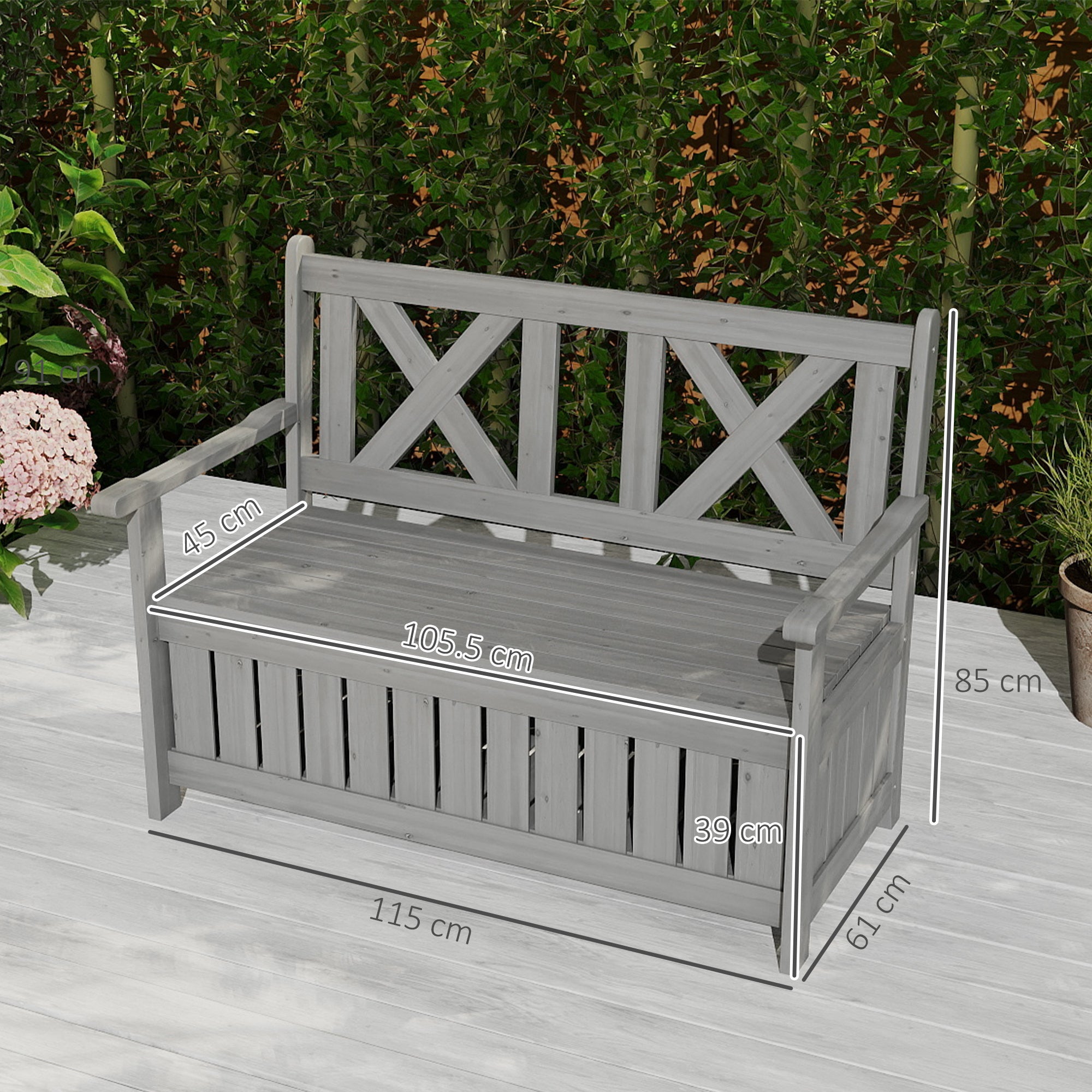 Outsunny 2-Seater Garden Storage Bench for Patio Wood Porch Decor Outdoor Seating, Charcoal Grey - North Peak Garden Furniture