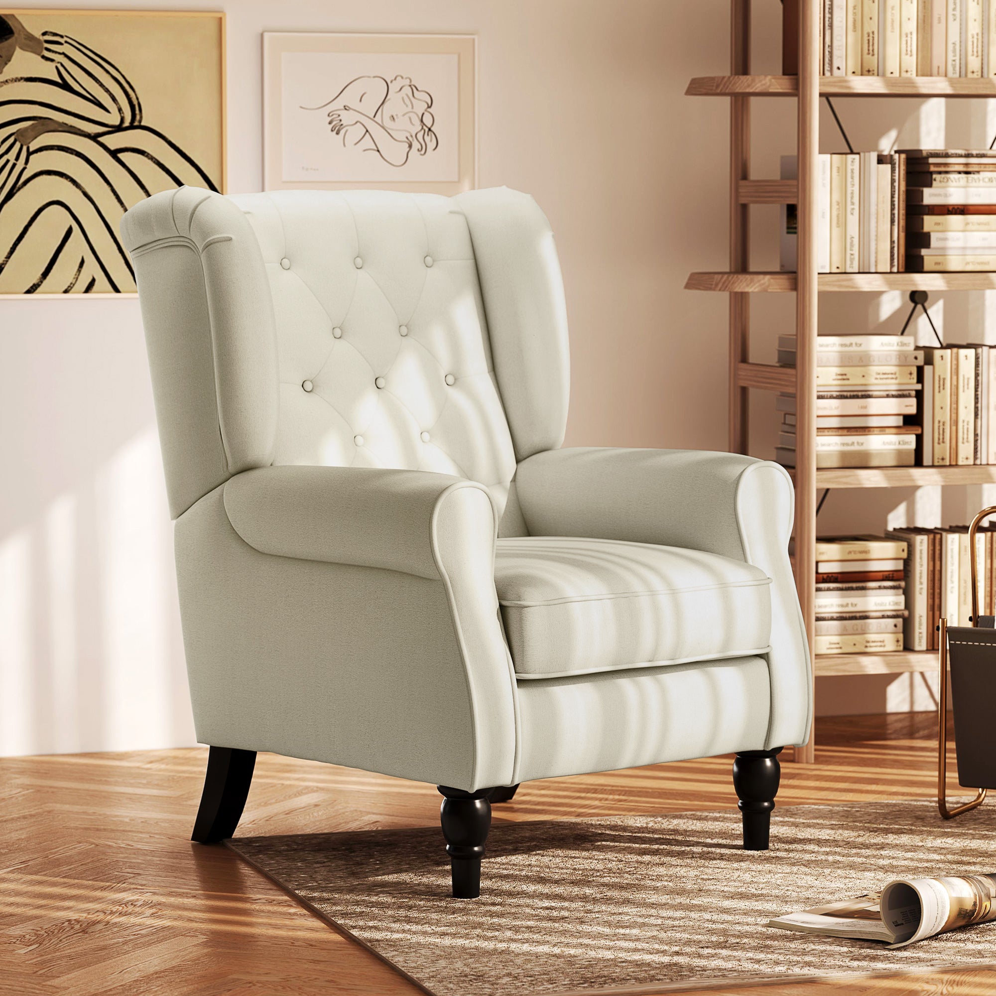 HOMCOM Wingback Accent Chair, Retro Upholstered Button Tufted Occasional Chair for Living Room and Bedroom, Cream White