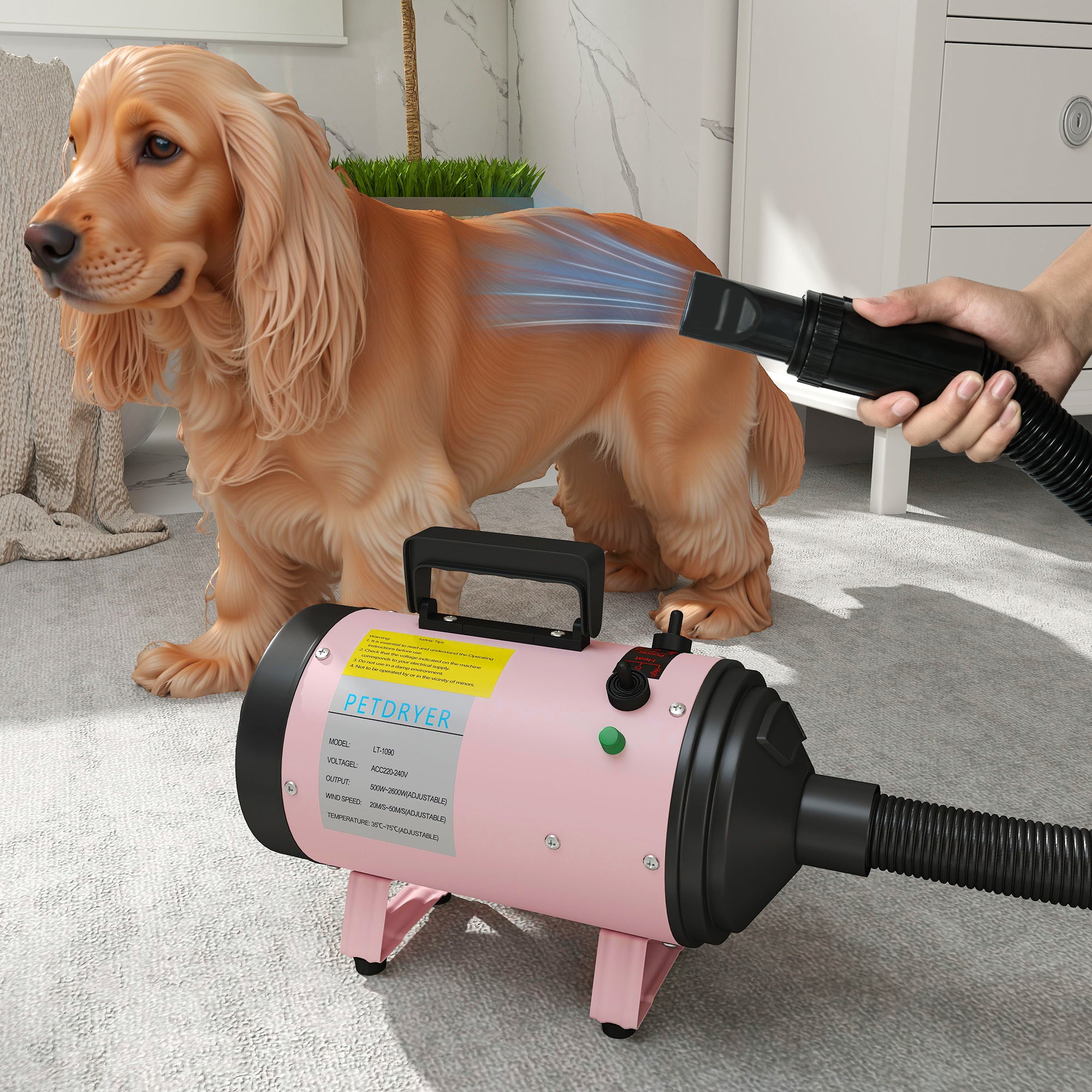 PawHut 2200W Dog Hair Dryer with Adjustable Temperature & Velocity, 3 Different Nozzles, Pink - North Peak Garden Furniture