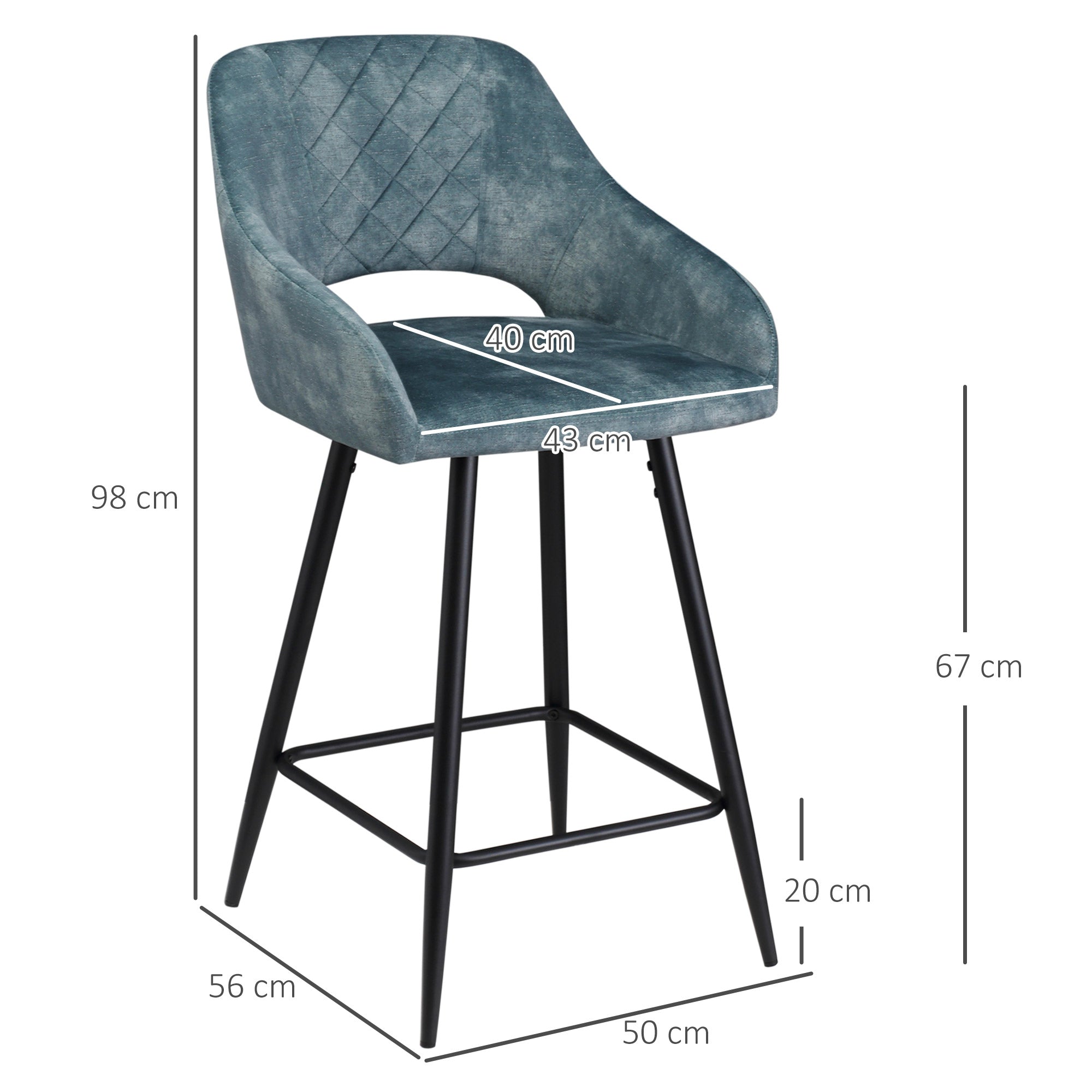 HOMCOM Bar Stools Set of 2, Velvet-Touch Fabric Counter Height Bar Chairs, Kitchen Stools with Steel Legs for Dining Area, Kitchen Island Barstools, Blue - North Peak Garden Furniture
