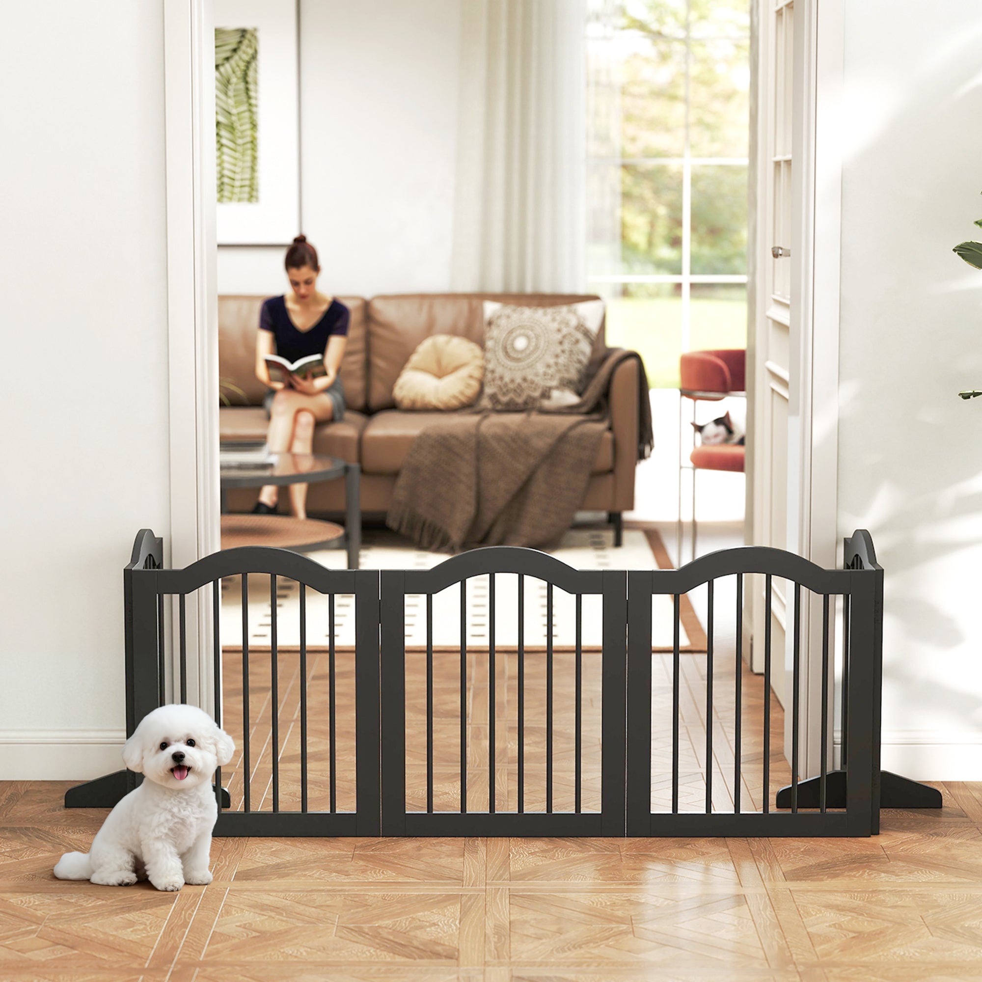 PawHut Freestanding Dog Gate Wooden Stair Gate for Dogs with Support Feet Foldable Pet Fence Safety Barrier for the House Doorway Stairs Black