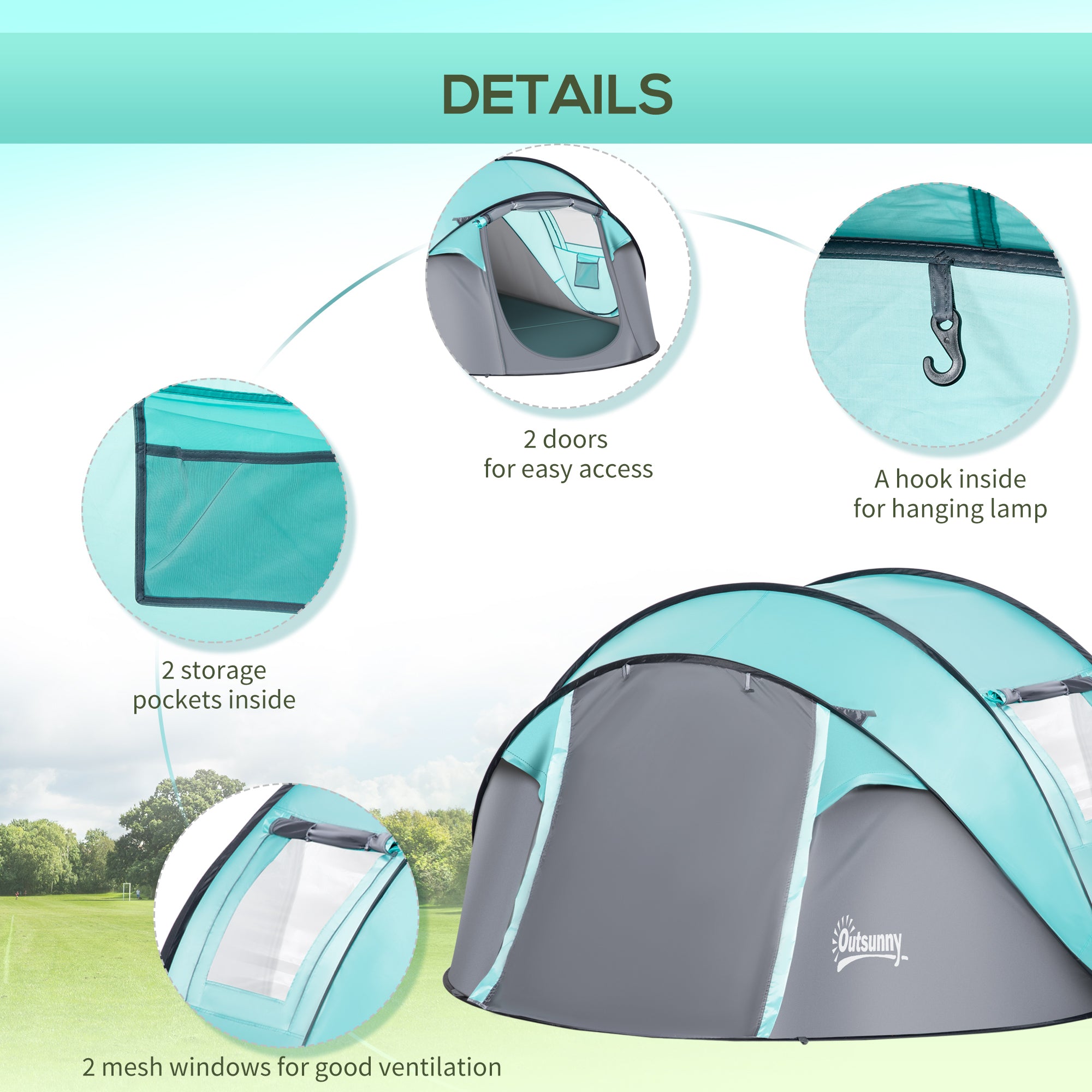 Outsunny 4 Person Pop Up Camping Tent with Vestibule Weatherproof Cover, Instant Backpacking Tent with 2 Windows 2 Doors Portable Carry Bag for Fishing Hiking, Tiffany Blue