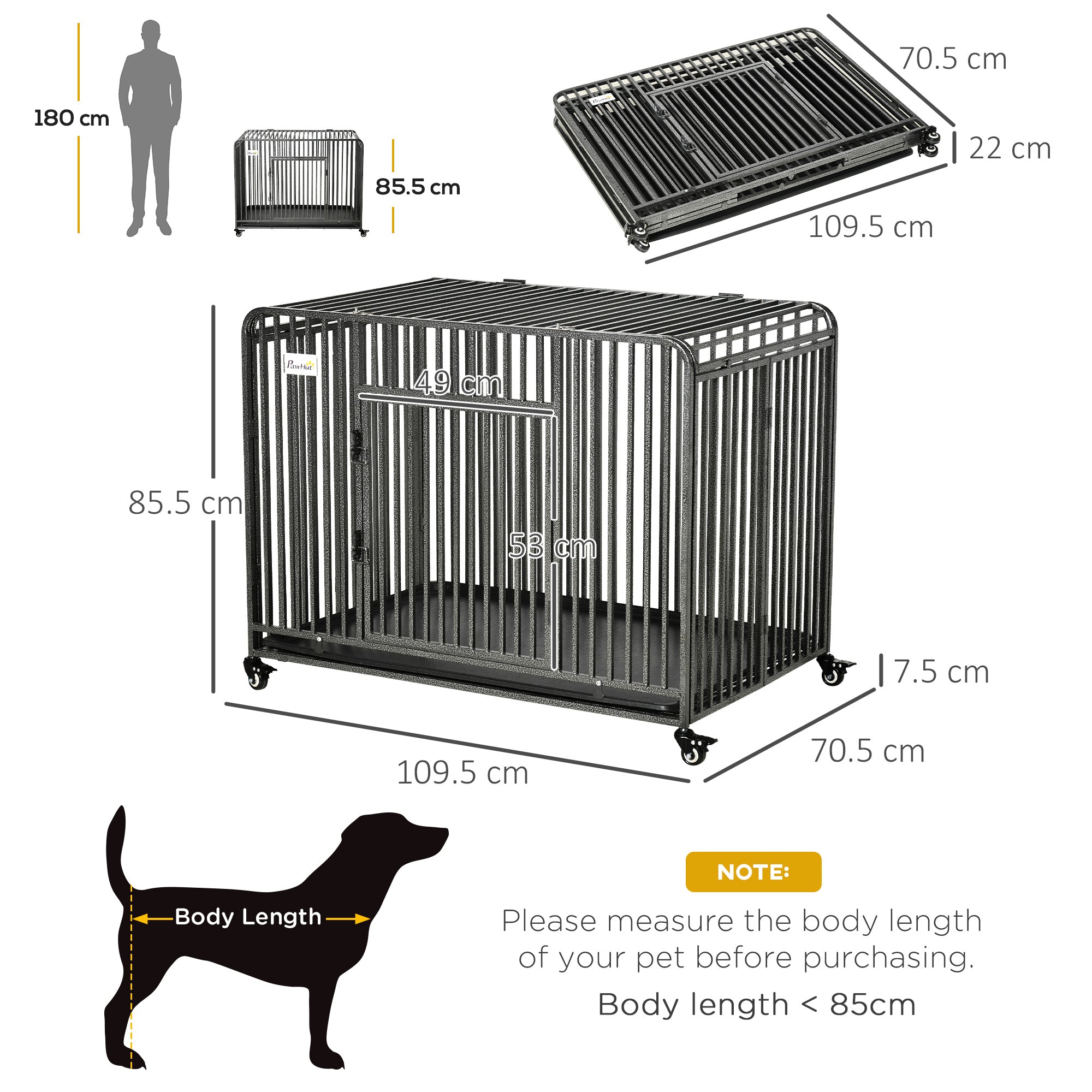 PawHut Foldable Heavy Duty Dog Crate on Wheels, with Removable Tray, for Medium and Large Dogs