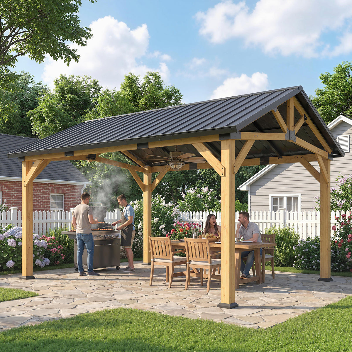 Outsunny 3.5 x 4 m Hardtop Gazebo Canopy with Galvanised Metal Roof, Fir Wood Frame and Hook for Patio, Garden, Black Grey