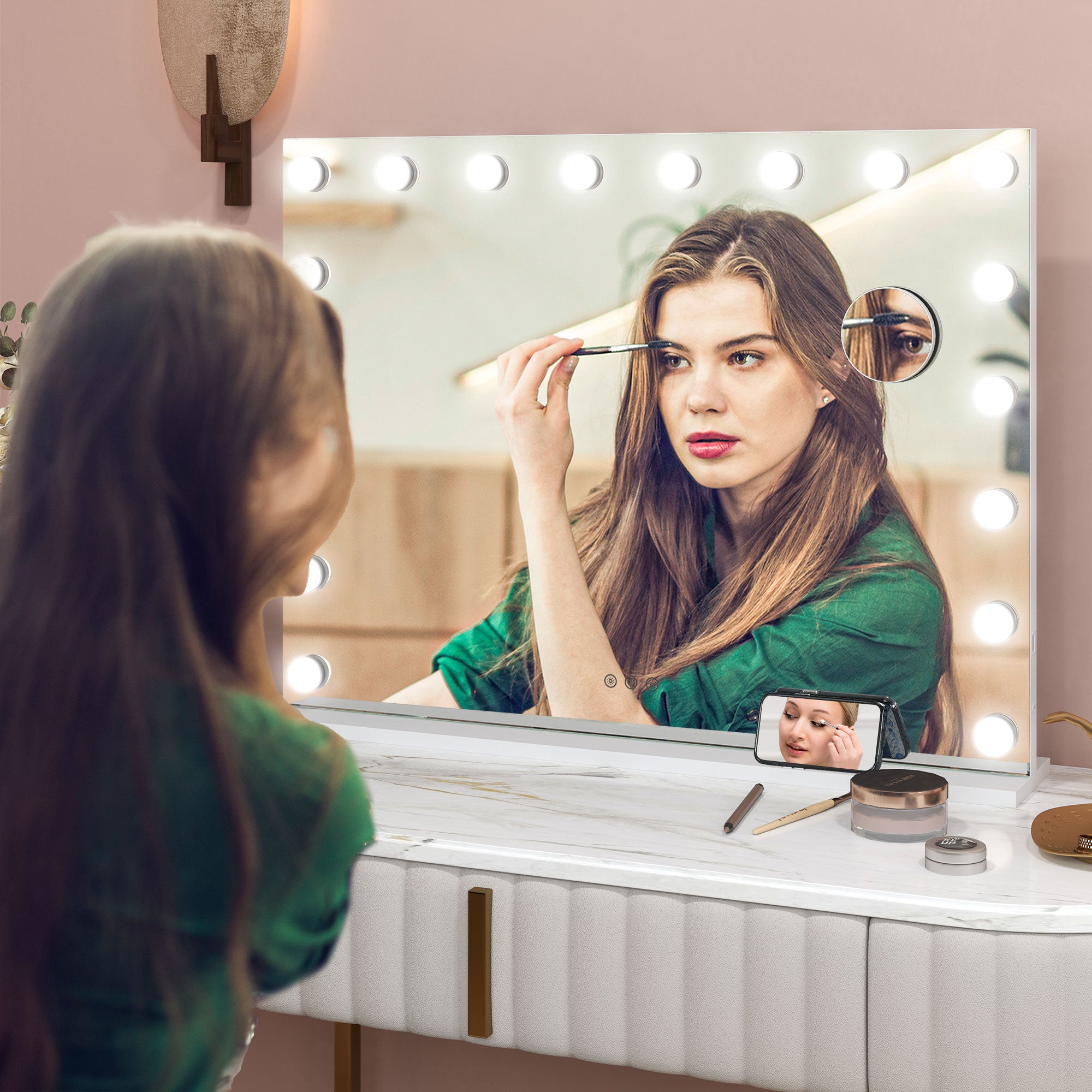 HOMCOM Hollywood Vanity Mirror with Lights, Large 80x62 cm Lighted Makeup Mirror with 3 Colour, 18 LED Bulbs, 10X Magnifying, USB Charging Port, Touch Screen, Tabletop or Wall Mounted Design, White - North Peak Garden Furniture