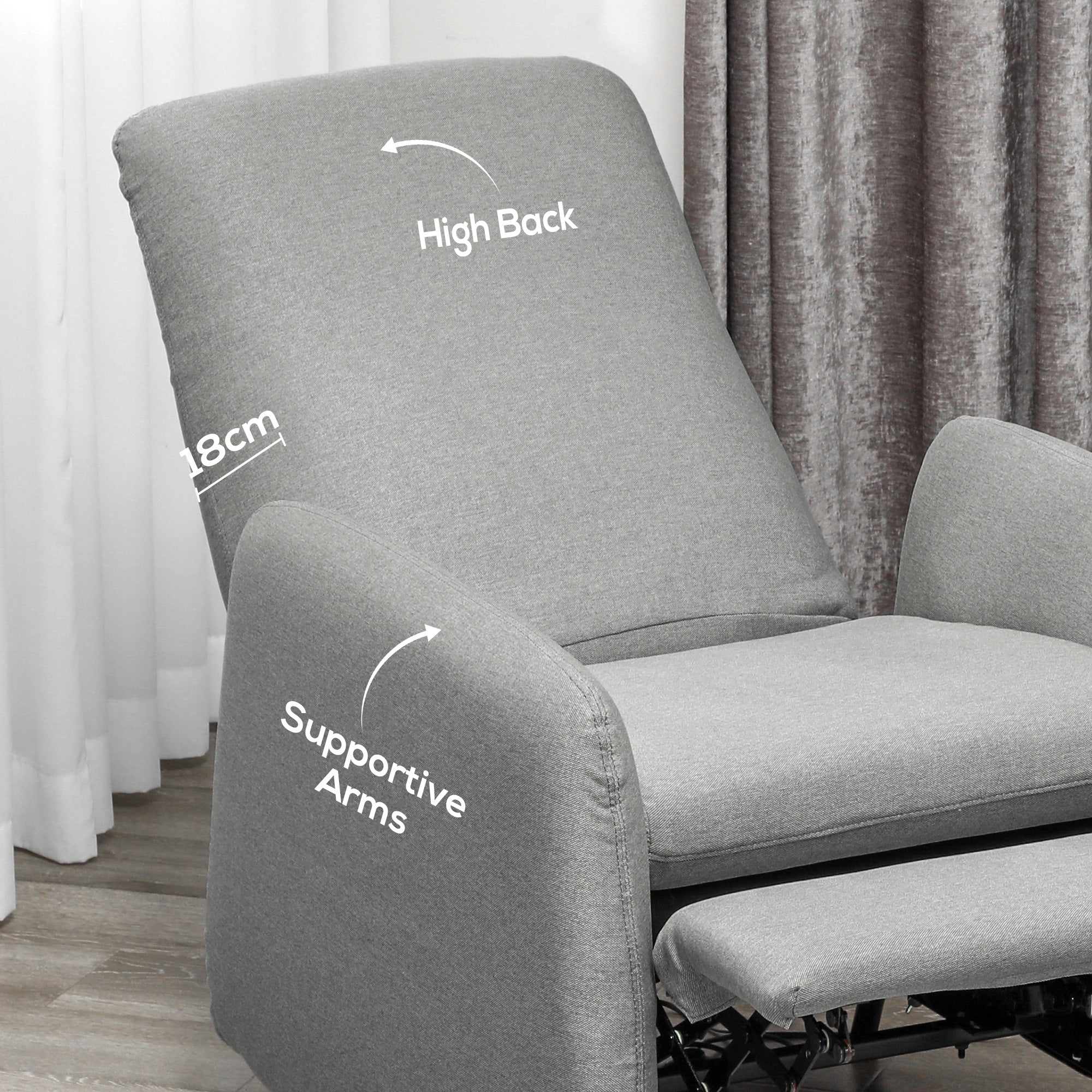 HOMCOM Push Back Recliner Armchair, Fabric High Back Reclining Chair with Adjustable Leg Rest and Pocket Spring Seat for Living Room, Bedroom, Home Office, Grey - North Peak Garden Furniture