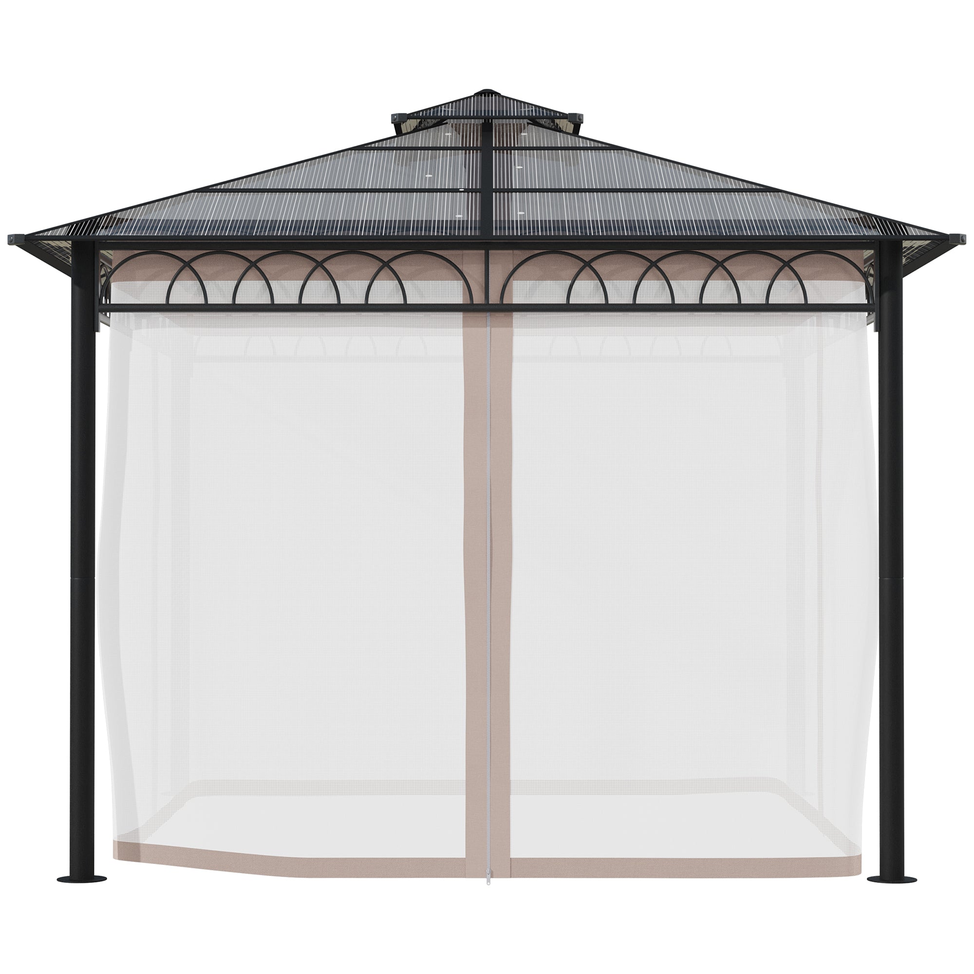 Outsunny 3 x 3 (m) Outdoor Polycarbonate Gazebo, Double Roof Hard Top Gazebo with Galvanised Steel Frame, Nettings & Curtains for Garden, Lawn, Patio and Deck - North Peak Garden Furniture