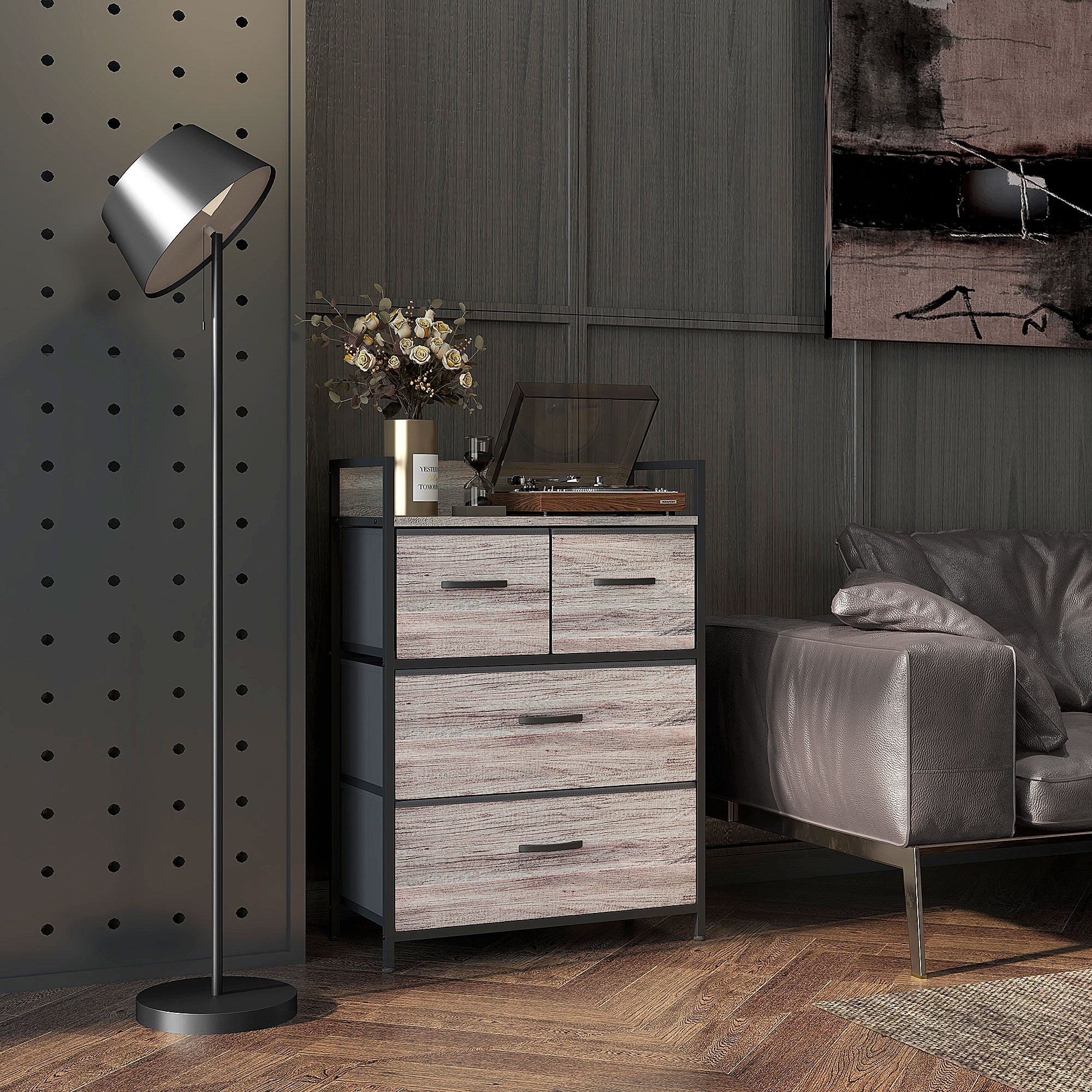 HOMCOM Rustic Chest of Four Fabric Drawers - Grey Wood Effect - North Peak Garden Furniture