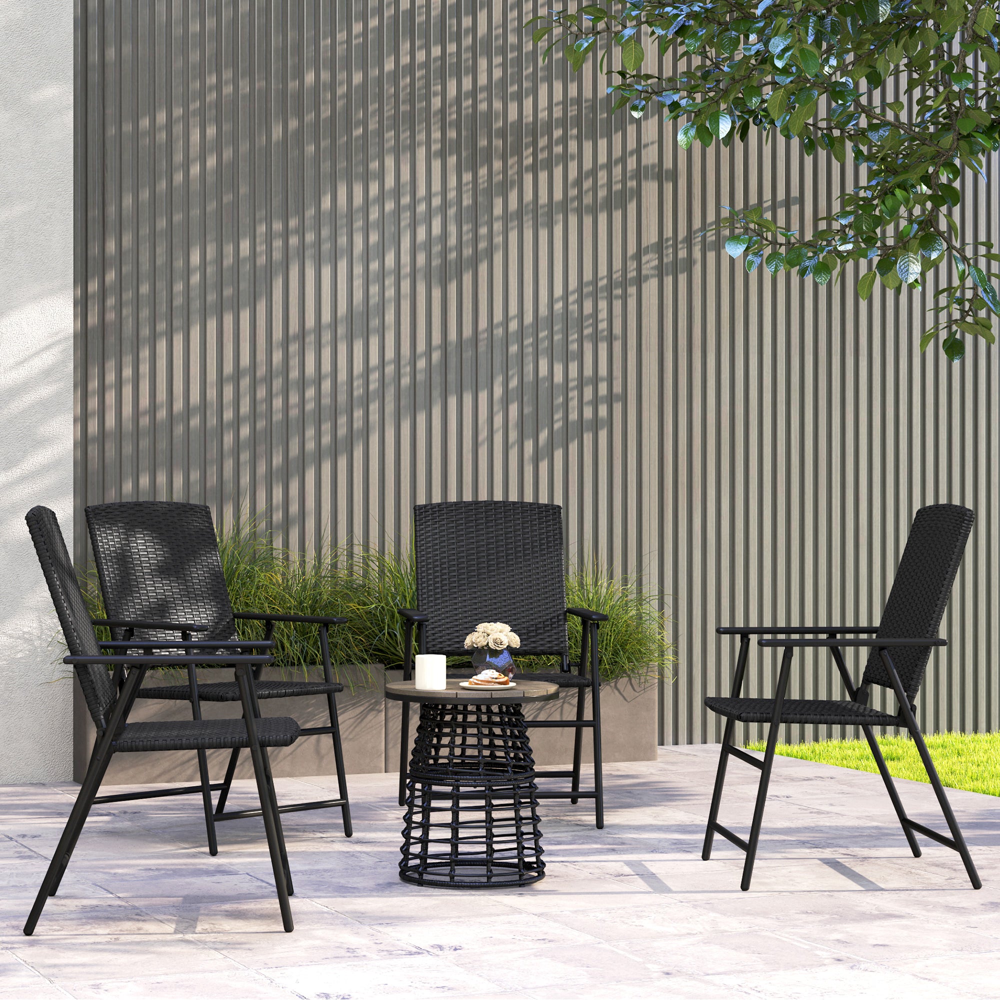 Outsunny Set of Four Folding Rattan Seat Chairs - Black - North Peak Garden Furniture