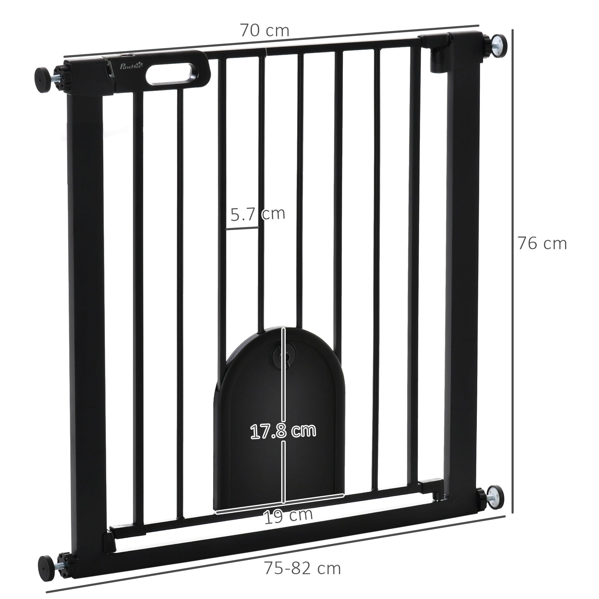 PawHut Dog Gate with Cat Flap Pet Safety Gate Barrier, Stair Pressure Fit, Auto Close, Double Locking, for Doorways, Hallways, 75-82 cm Black - North Peak Garden Furniture