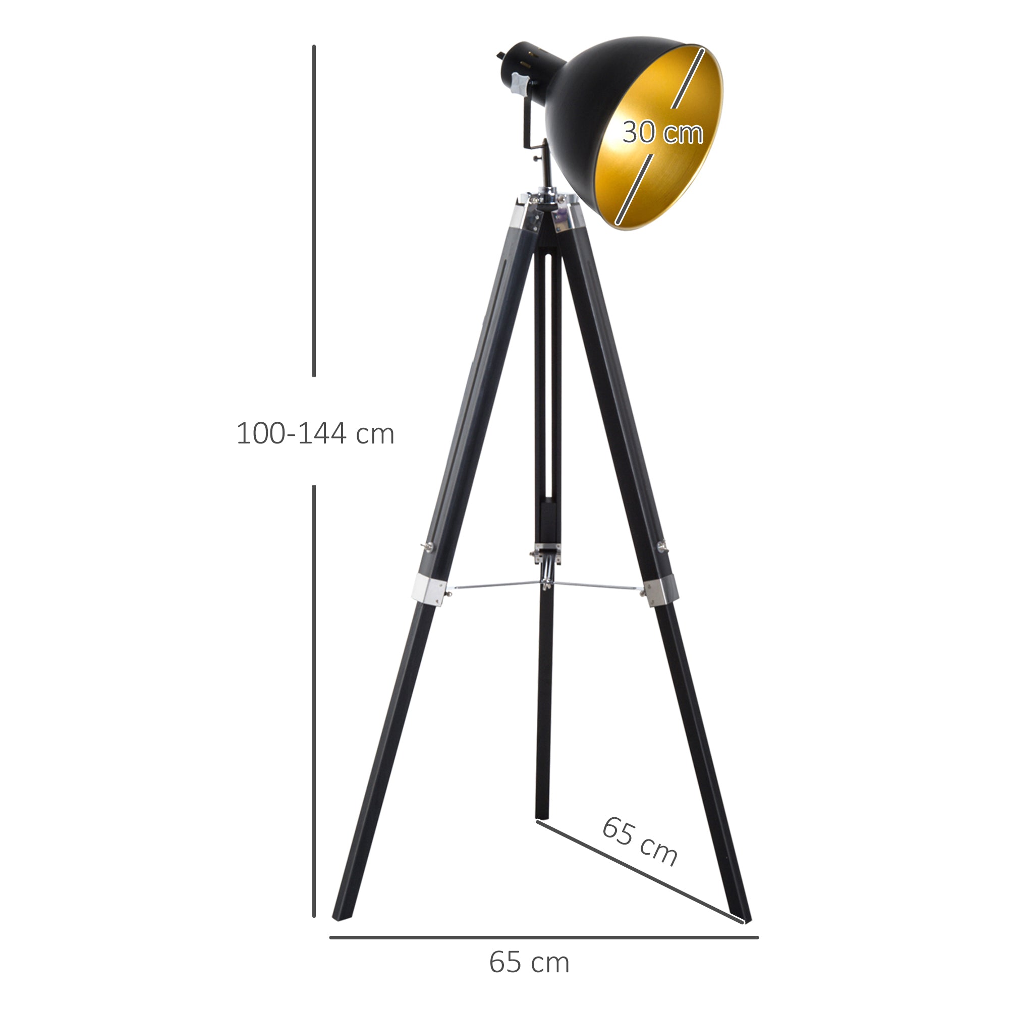 HOMCOM Tripod Floor Lamp, Spotlight Reading Lamp w/ Adjustable Height, Angle, Wood Legs for Living Room, Bedroom, Home, Office, Black and Gold - North Peak Garden Furniture