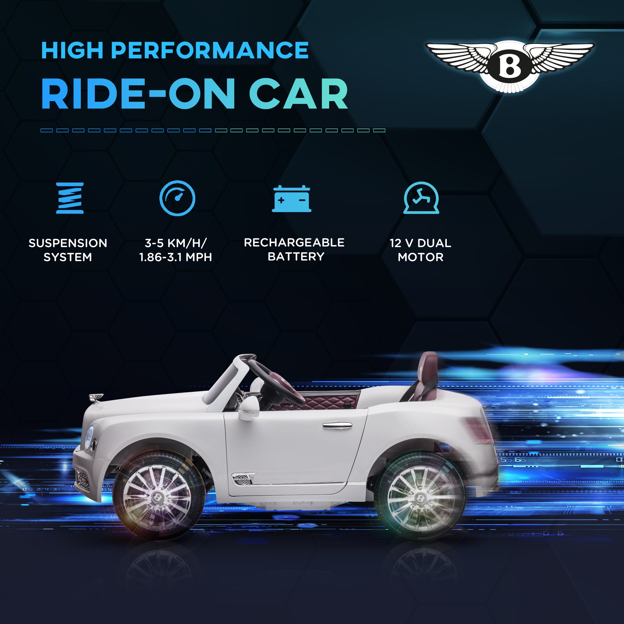 HOMCOM Bentley Mulsanne Licensed Kids Electric Ride-On Car, with Remote Control. LED lights, Music - White - North Peak Garden Furniture