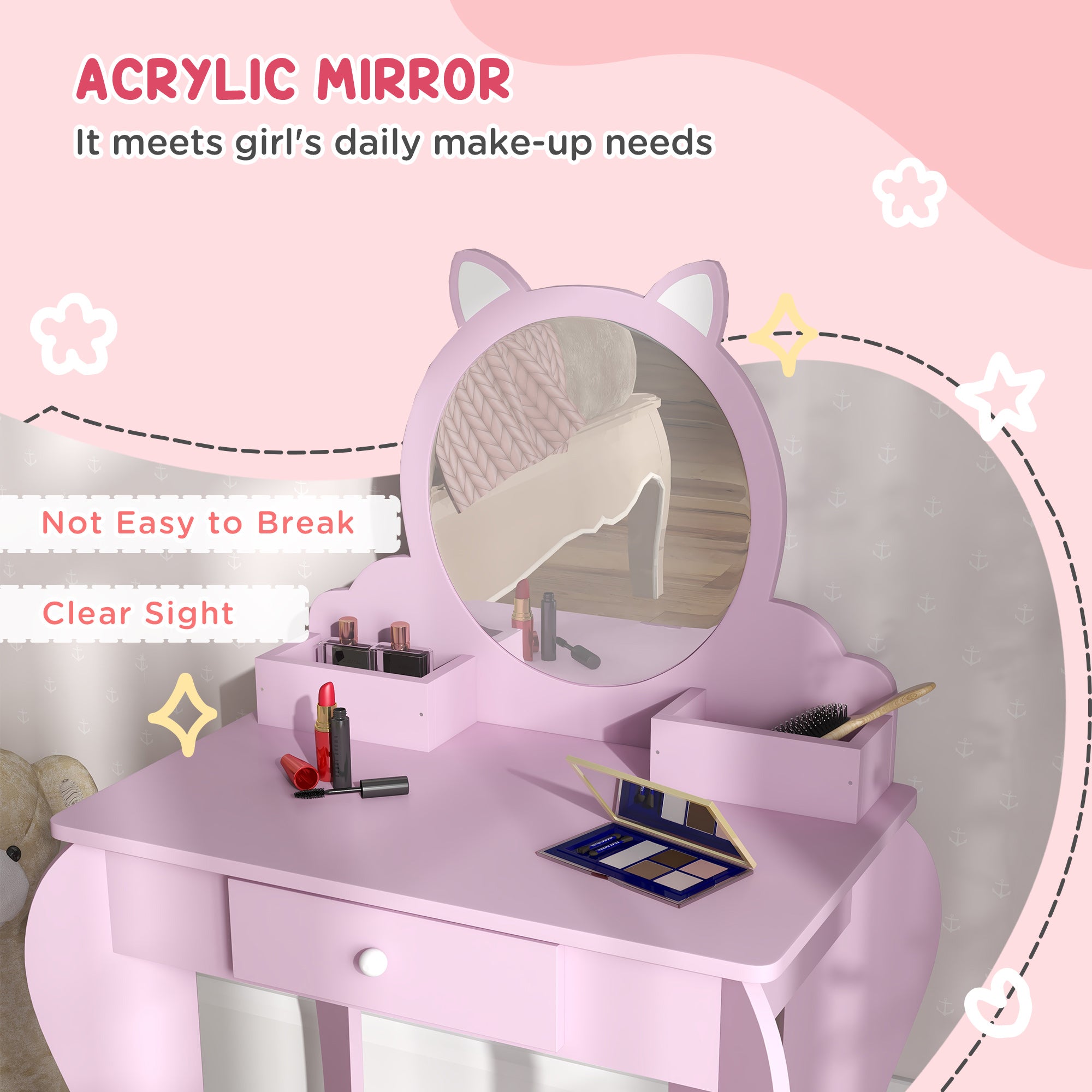 ZONEKIZ Kids Vanity Table with Mirror, Stool, Drawer, Storage Boxes, Cat Design, for Ages 3-6 Years - Pink - North Peak Garden Furniture