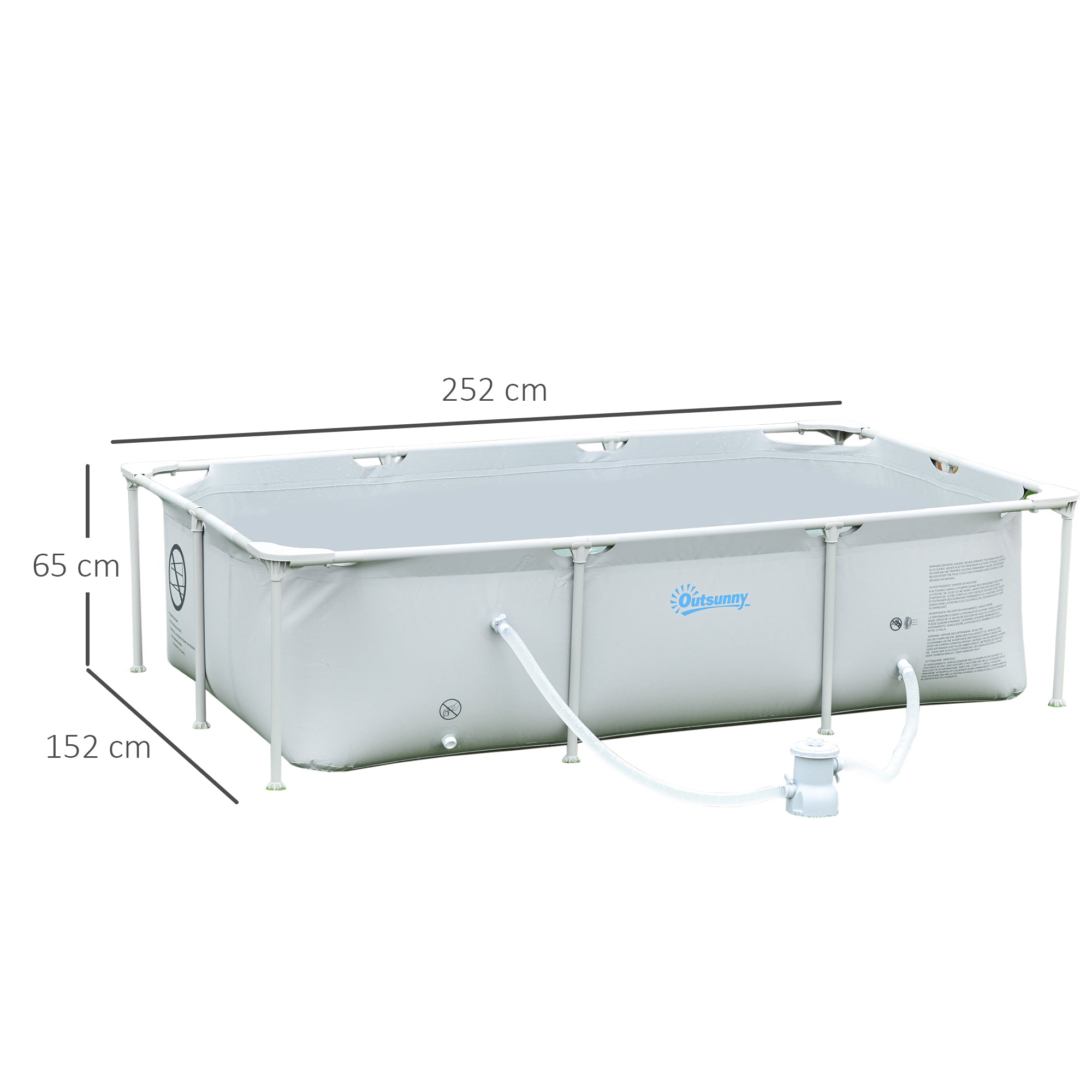 Outsunny Steel Frame Pool with Filter Pump, Filter Cartridge, Reinforced Sidewalls Rust Resistant Above Ground Swimming Pool 252 x 152 x 65cm, Grey