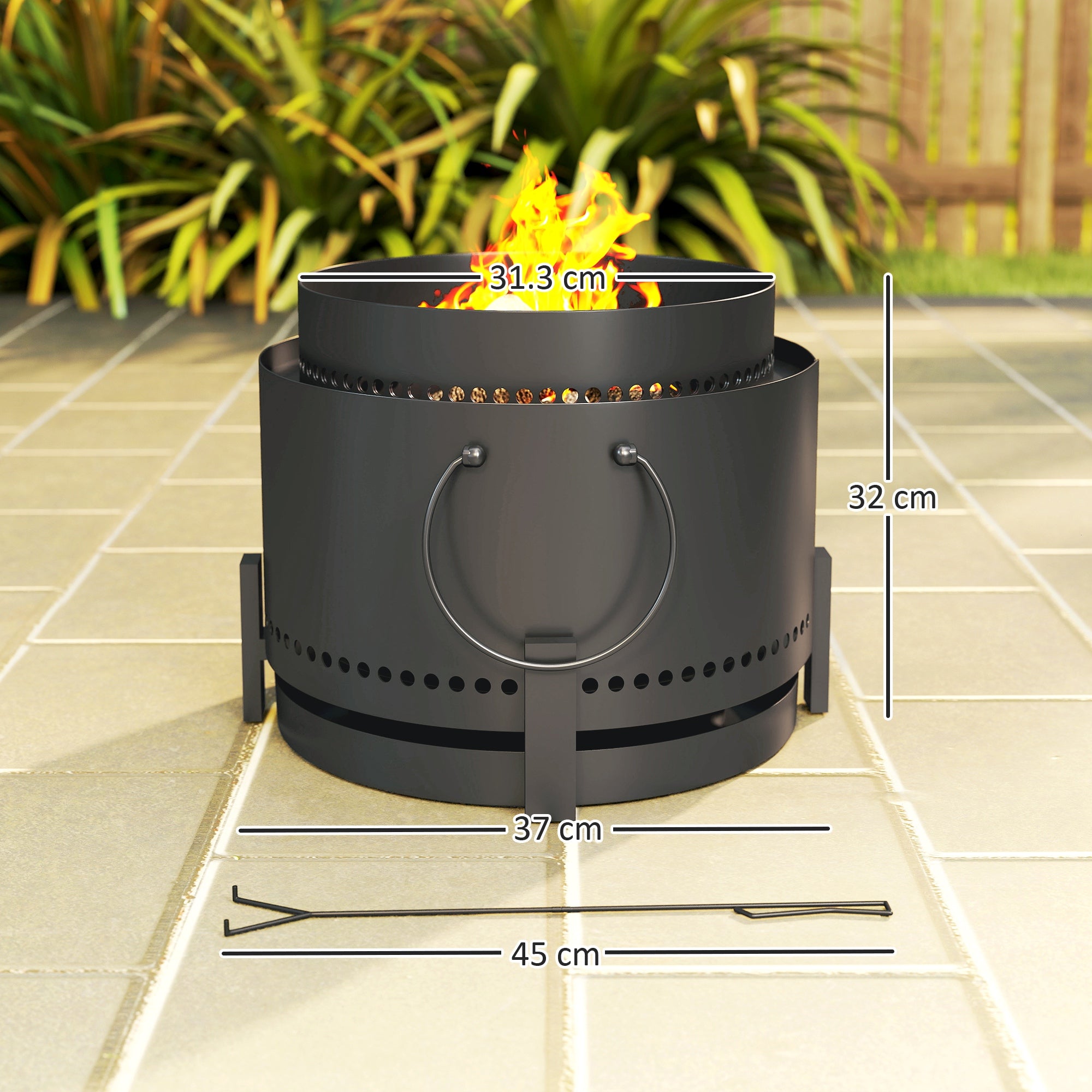 Outsunny Smokeless Fire Pit with Ash Catcher, 37cm Portable Wood Burning Firepit with Poker for Garden Camping Bonfire Party, Metal, Dark Grey - North Peak Garden Furniture